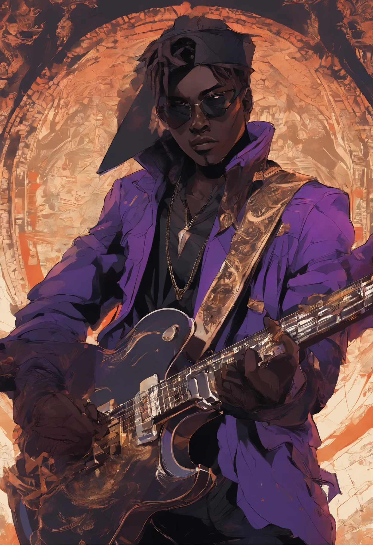 ((Best Quality)), (Masterpiece)), (Details: 1.4), 3D, Absurd Resolution, High Resolution, (Masterpiece: 1.4), Ultra Detailed, Deep Colours, (intricate details:0.9), (HDR, hyper-detailing:1.2), (natural skin textures) a close up of a person holding a guitar and a black jacket, ( ( dark skin ) ), dark black skin tone, dark purple skin, full color illustration, dark-skinned, panel of black, around 1 9 years old, black teenage boy, profile photo,realistic shaded perfect body, highres,incredibly absurdres,absurdres,very_high resolution,original,intricate details,hyper detail,ultra-detailed,exquisite detailed, extremely delicate,intricate delicate,hyper delicate,beautiful,UHD wallpaper,colorful