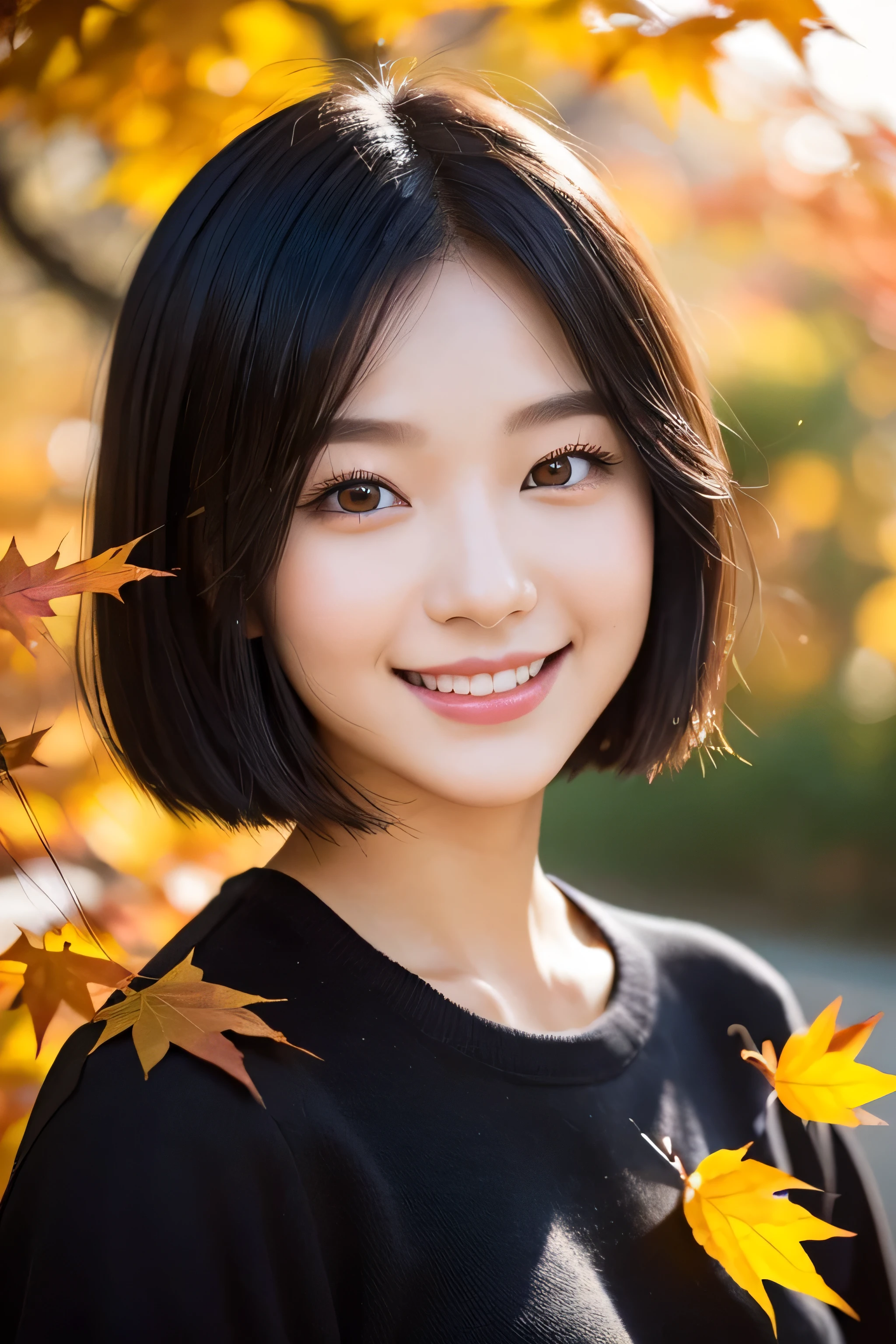 22 years ago（young）、black hair bob、natural and light makeup、Autumn-ish、smile、Japanese、natural finish、Among the autumn leaves、portrait image、cute