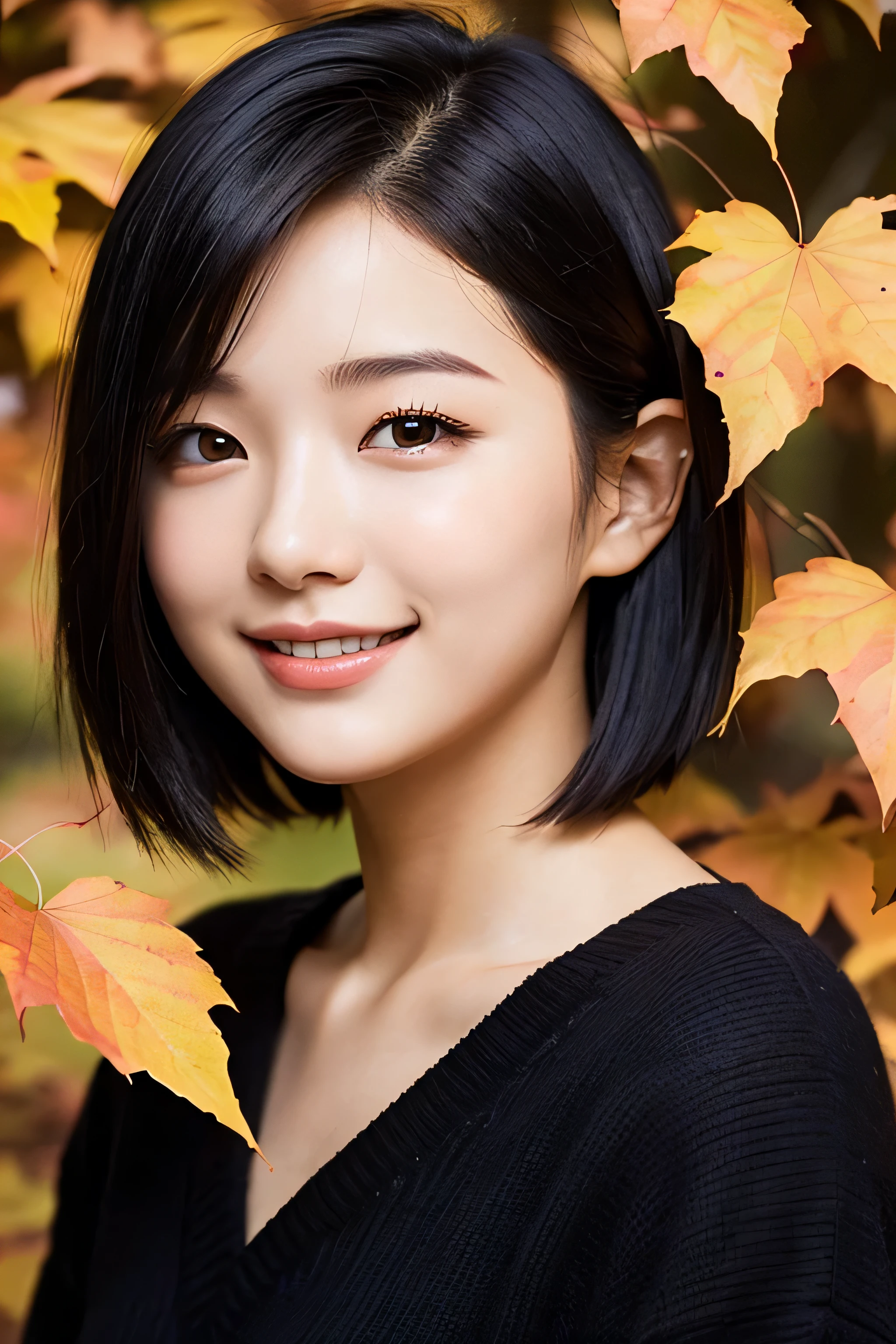 22 years ago(young)、black hair bob、natural and light makeup、Autumn-ish、smile、Japanese、natural finish、Among the autumn leaves、portrait image、cute