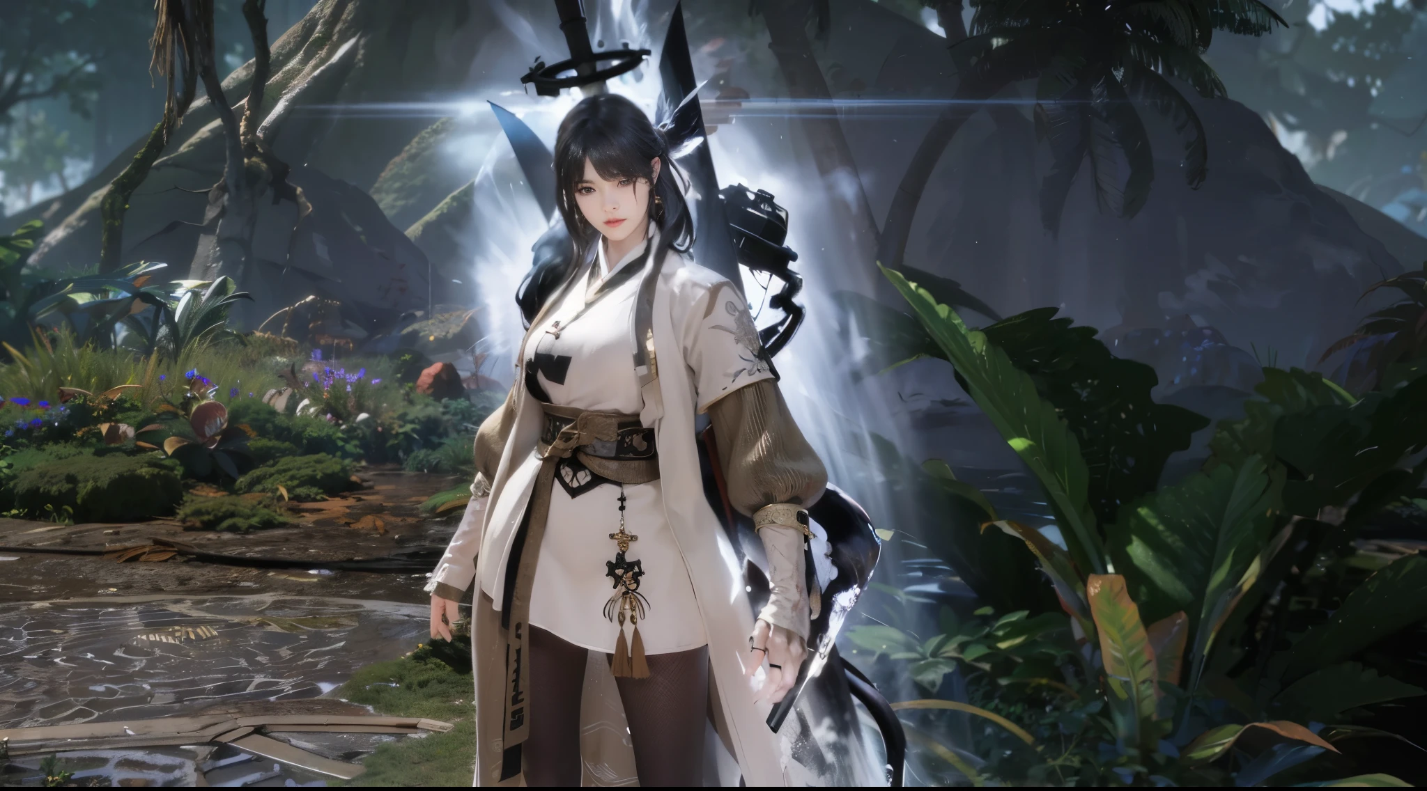 personnage d&#39;anime dans une tenue blanche debout devant une cascade, lunar themed outfit, style final fantasy 14, inspired by Li Mei-shu, xianxia complet du corps, Final Fantasy 14 Sharp, ffxiv heavensward, Final Fantasy 1 4, inspired by Leng Mei, robes de mage nuage en coton, kanliu666, tenue fantastique