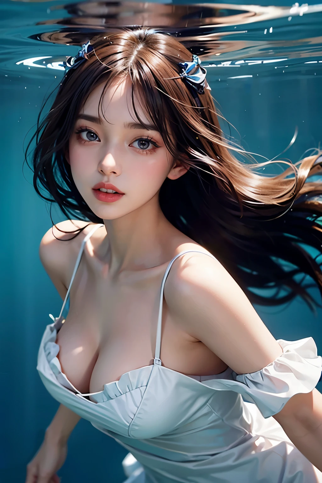 European face, Straight straight hair, hair bang, ribbon hair pin, ideal tits, off shoulder simple dress, diving under water, Shoot chest focus, aesthetic