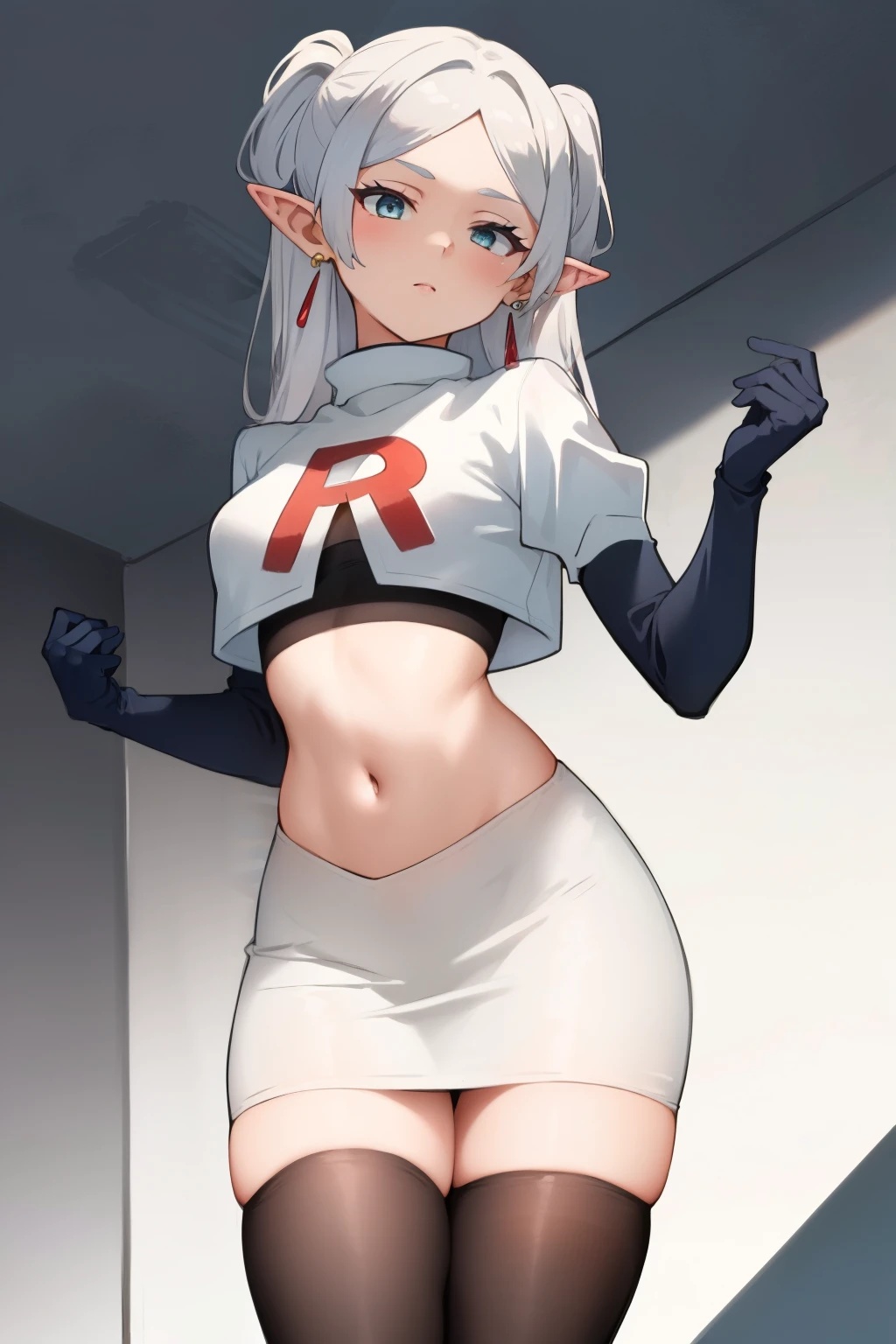 (masterpiece, best quality),  intricate details,
1girl,     frieren, long hair, pointy ears, jewelry, earrings, twintails, parted bangs, team rocket,team rocket uniform, red letter R, white skirt,white crop top,black thigh-highs,black elbow gloves