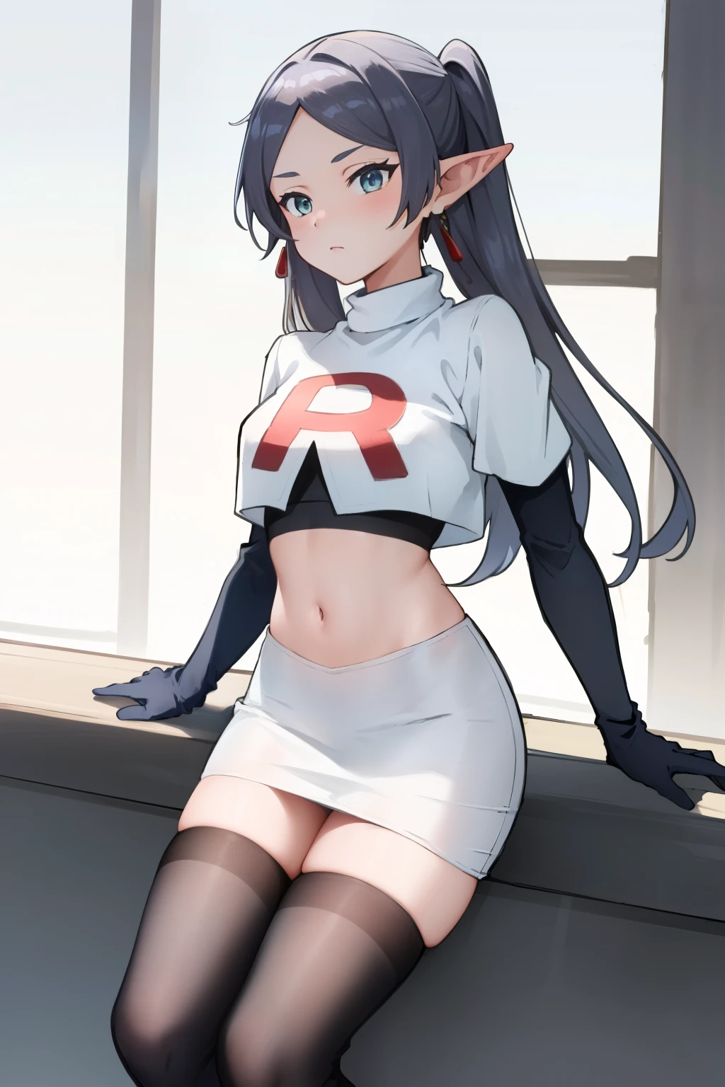 (masterpiece, best quality), intricate details,
1girl, frieren, long hair, pointy ears, jewelry, earrings, twintails, parted bangs, team rocket,team rocket uniform, red letter R, white skirt,white crop top,black thigh-highs,black elbow gloves