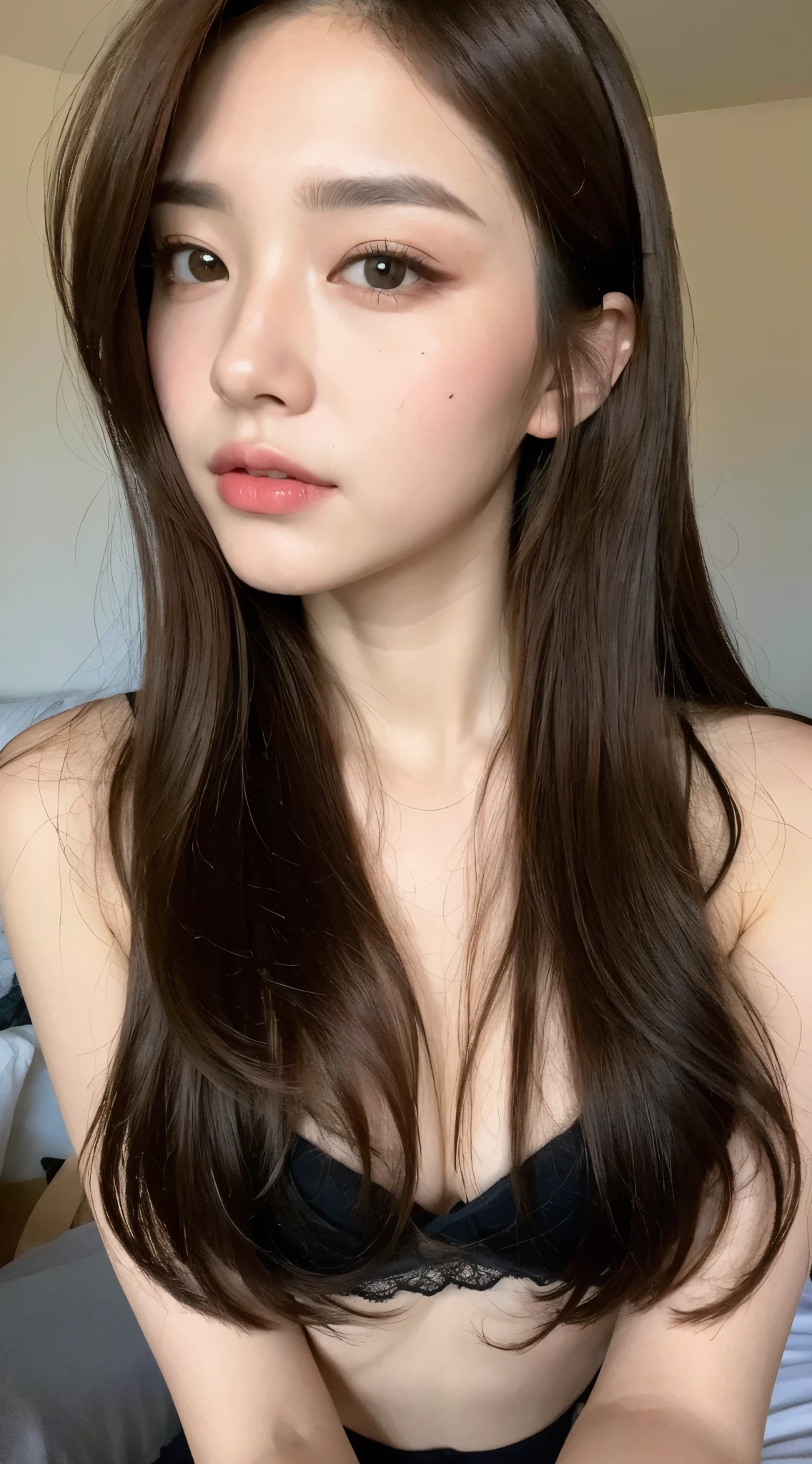 ((highest quality, 8k, masterpiece: 1.3)), beauty, hidden face, 1 girl, beauty: 1.3, thin abs: 1.1, lace bra, long brunette hair, (sitting on the bed), super detailed face, highly detailed lips, fine eyes, double eyelid, long eyelashes, crisp chest