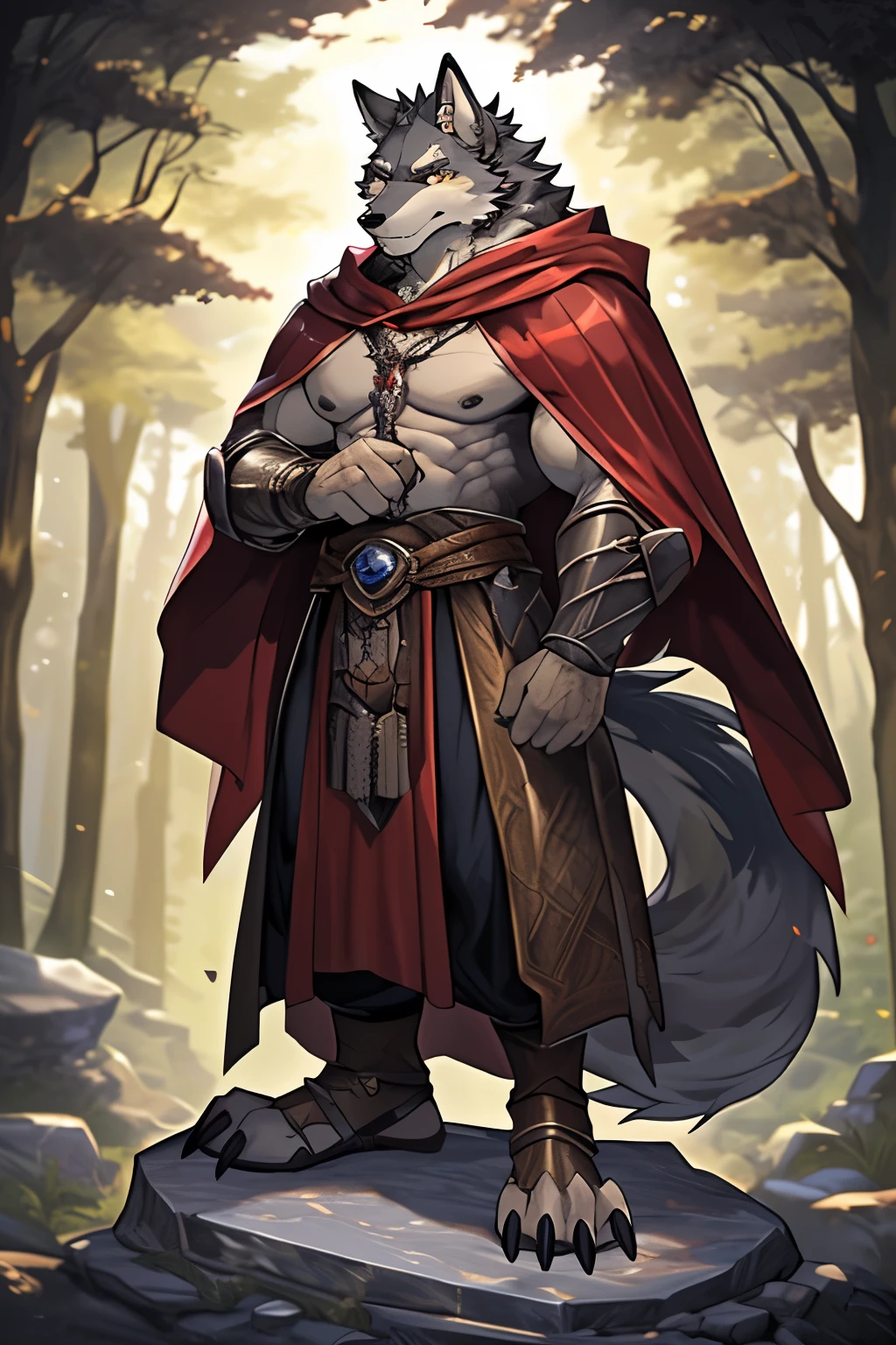 Wolf head，Wolf tail，Male teenager，musculature，Raised sexy，Full Body Hair，lightblue hair，Light blue wolf ears，White belly hair，Sky blue pupils，Melee Mage，Wearing a cloak，Wear a bracelet on your left hand，Holding a long sword in his right hand，Behind you is the starry sky（Blood Moon），At the junction of meadows and forests，Hide behind trees，There are fireflies around