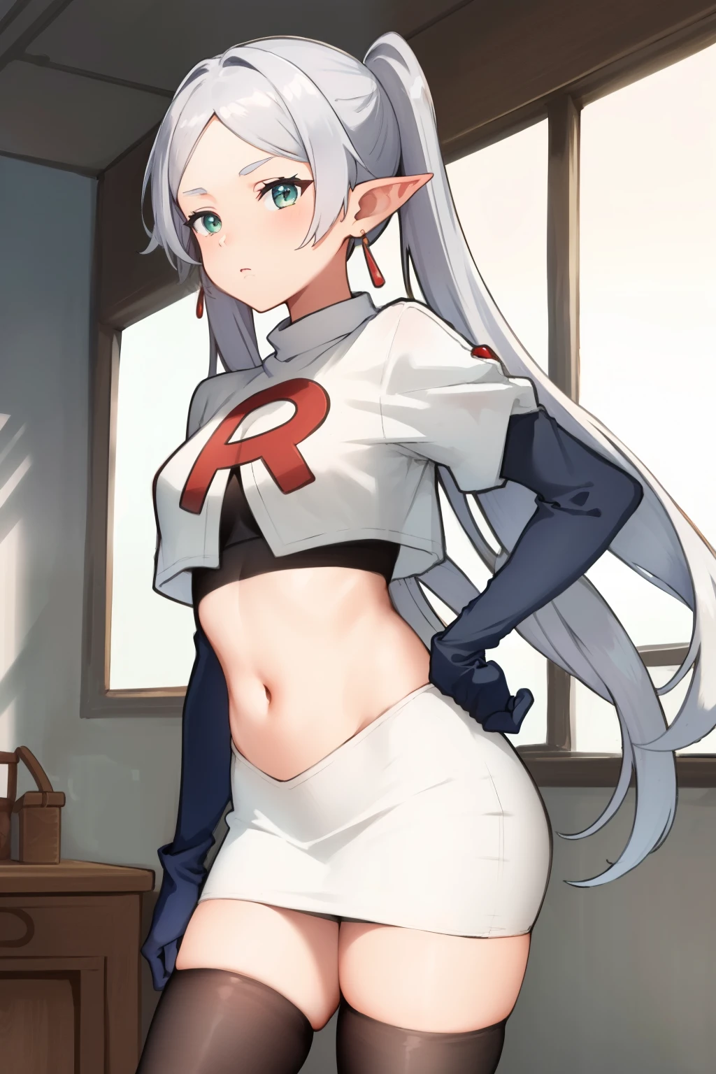 (masterpiece, best quality), intricate details,
1girl, frieren, long hair, pointy ears, jewelry, earrings, twintails, parted bangs, team rocket,team rocket uniform, red letter R, white skirt,white crop top,black thigh-highs,black elbow gloves