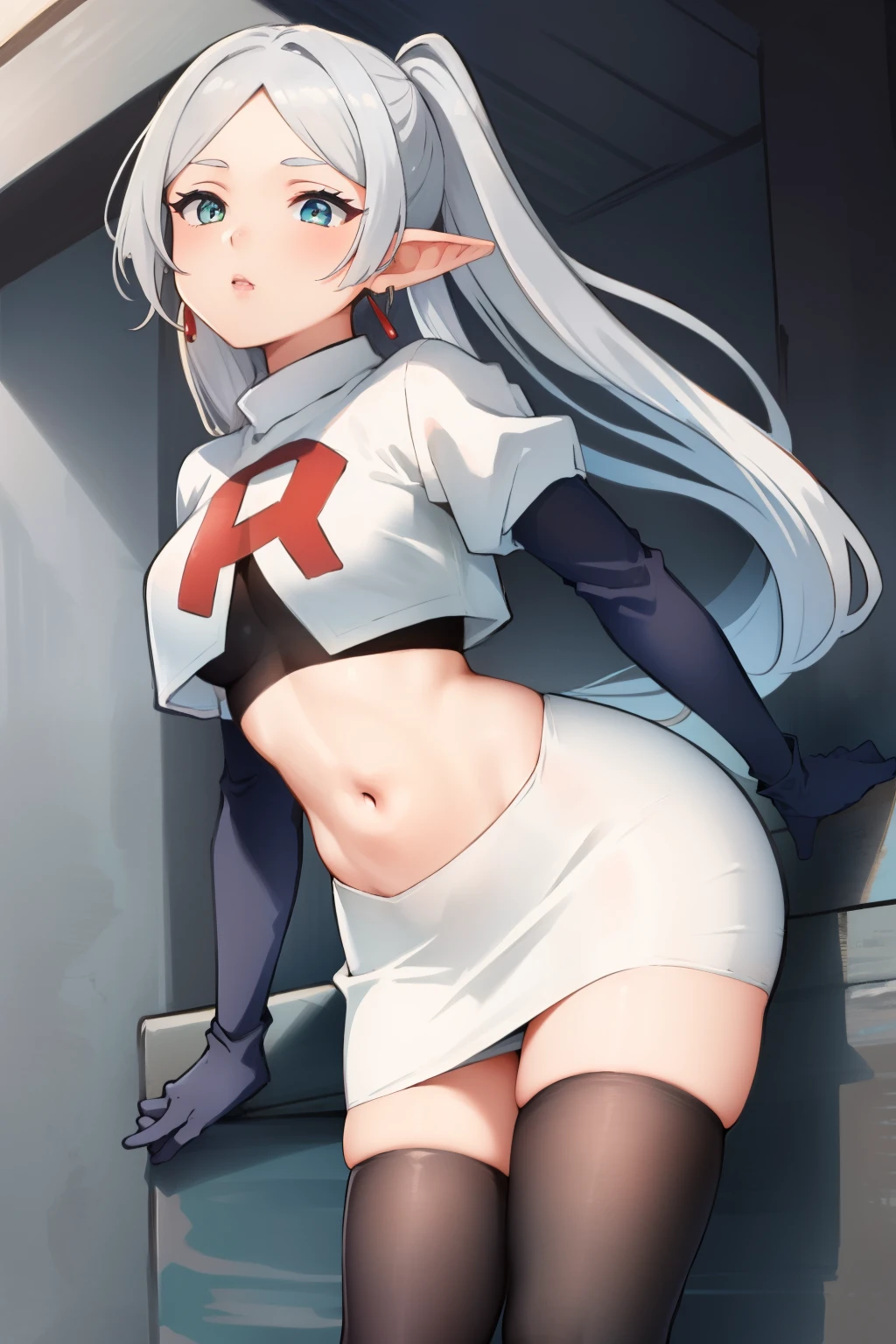 (masterpiece, best quality), intricate details,
1girl, frieren, long hair, pointy ears, jewelry, earrings, twintails, parted bangs, team rocket,team rocket uniform, red letter R, white skirt,white crop top,black thigh-highs,black elbow gloves