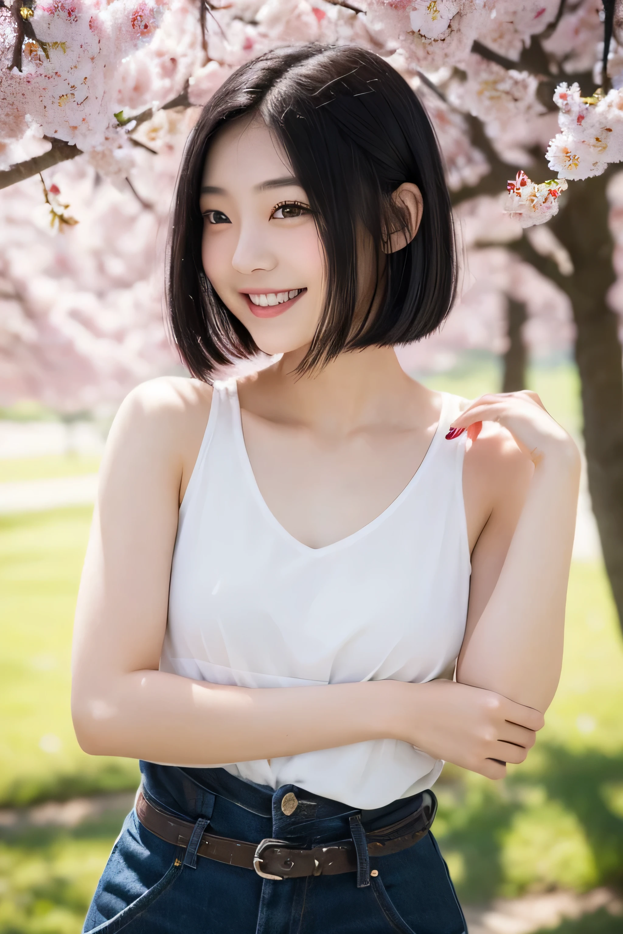 20-year-old(young)、black hair bob、natural and light makeup、Spring-like、smile、Japanese、natural finish、With cherries、portrait image、cute
