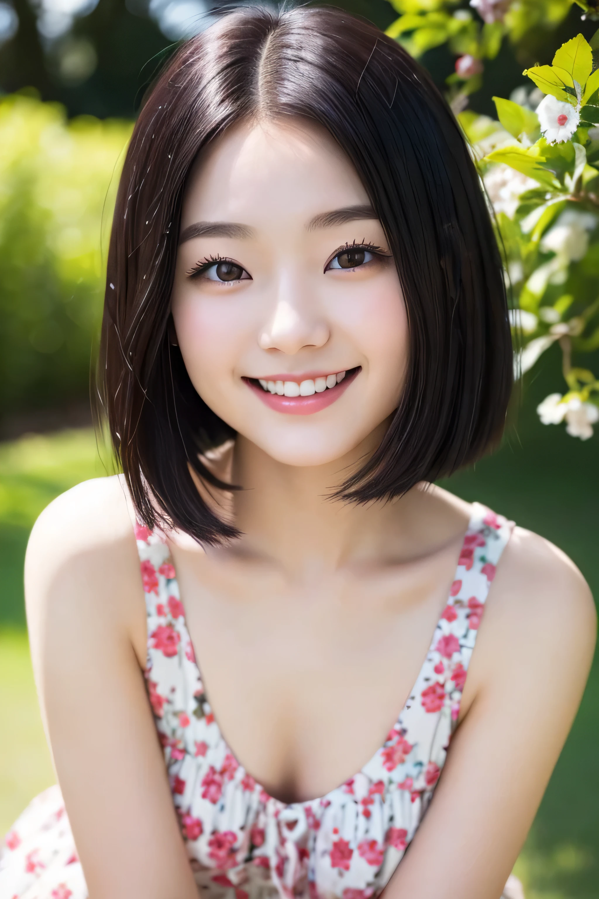 20-year-old（young）、black hair bob、natural and light makeup、Spring-like、smile、Japanese、natural finish、With cherries、portrait image、cute