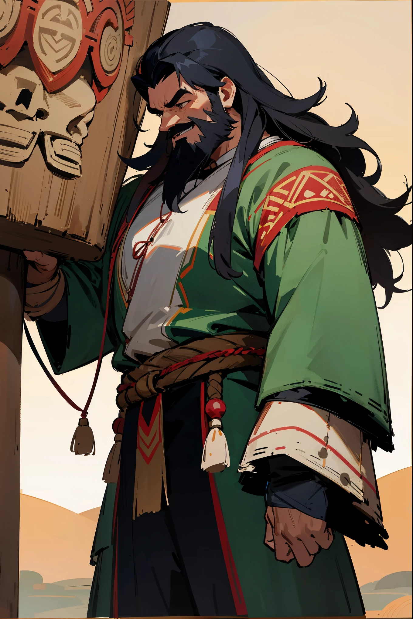 1male, black shaggy hair, totems, totem background, muscular, beard, old, age lines, old clothing, grinning, totems in background, nature background, detailed background, standing on path
