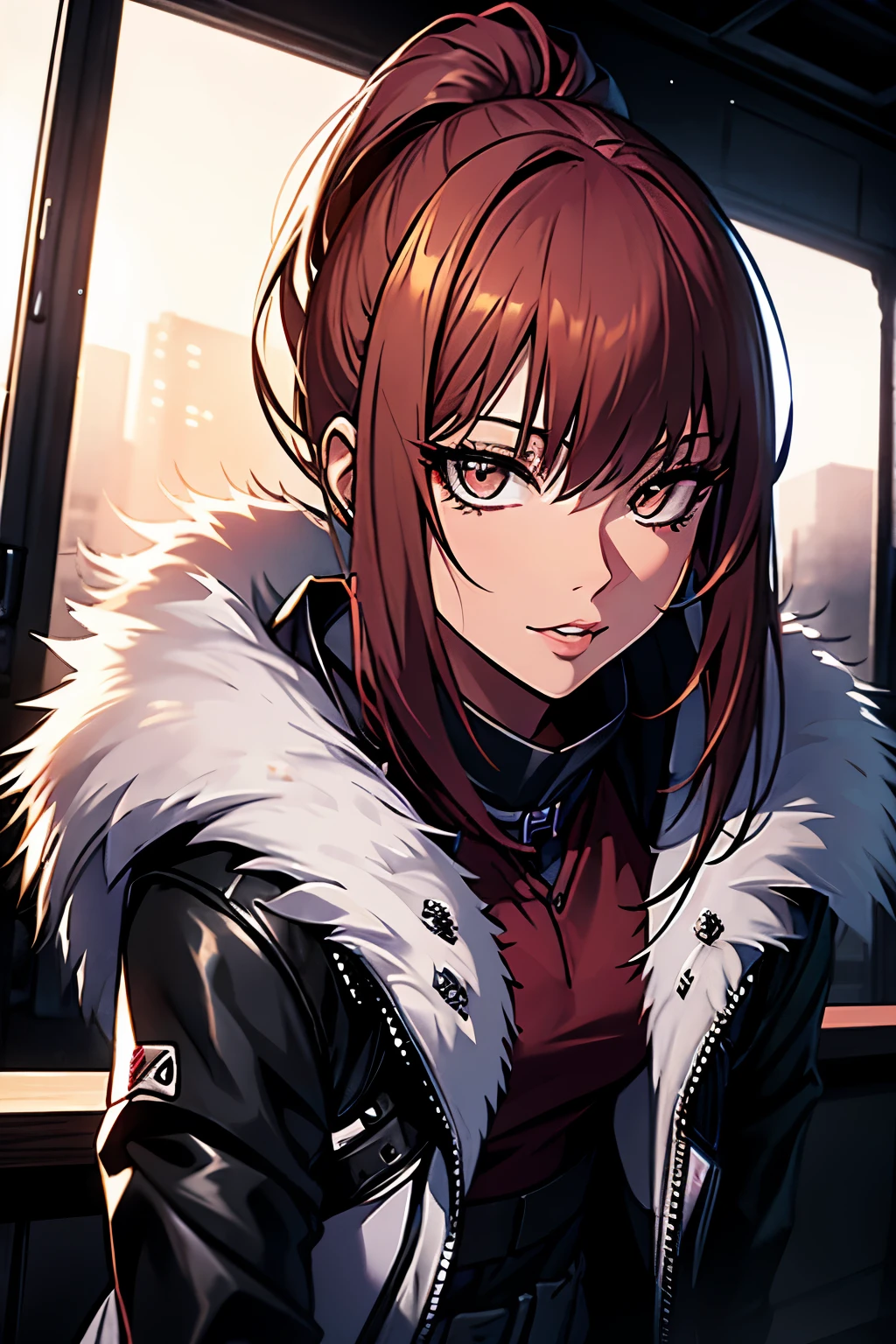 a woman, leggings, pleated skirt, sports top, high ponytail, high boots, long fur jacket, on a foggy moonlit night in a ghost town, detailed face, detailed eye's, detailed lips, , with a metal chainned-colar in the neck, lineart