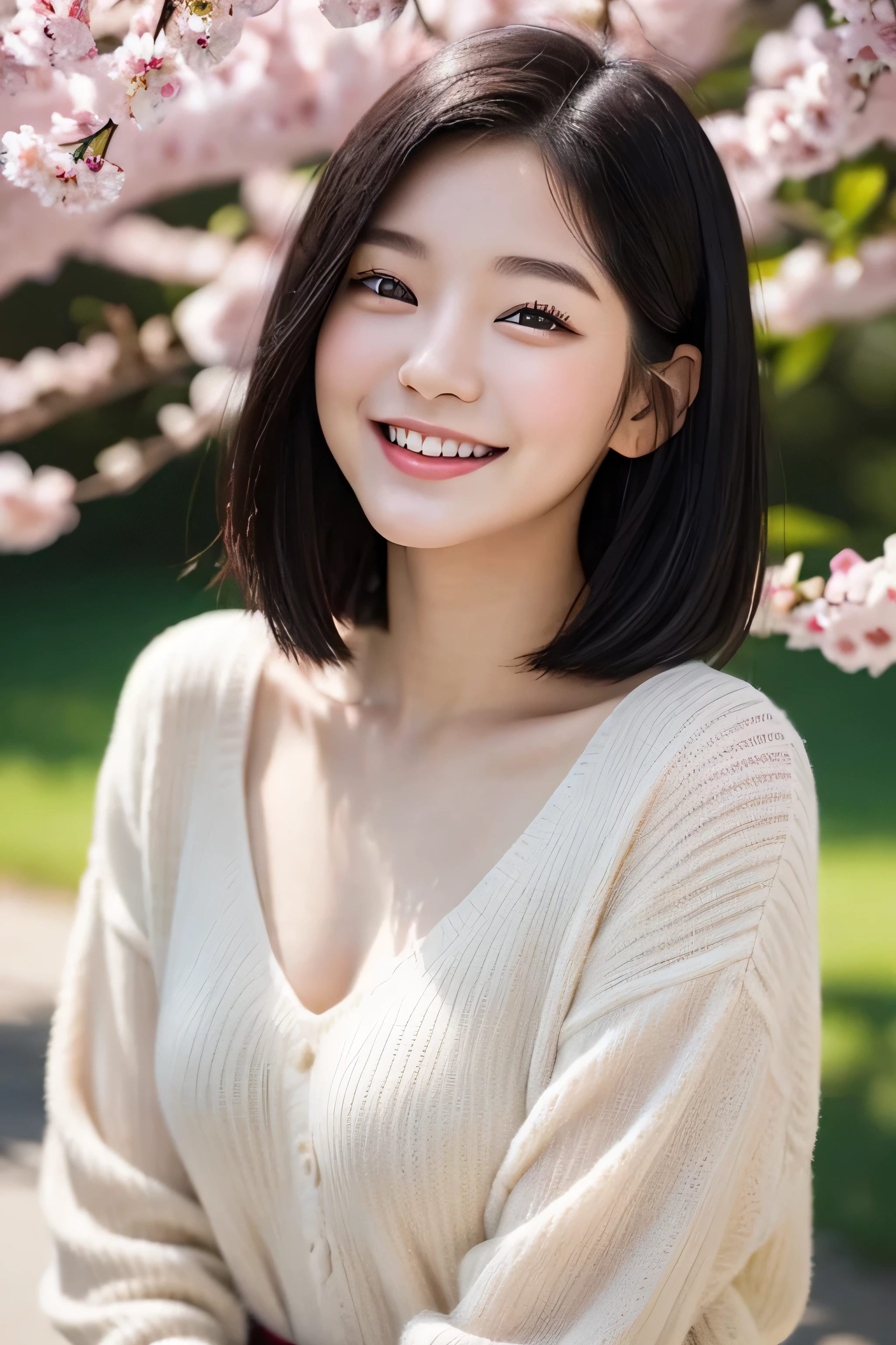 20-year-old（young）、black hair bob、natural and light makeup、Spring-like、smile、Japanese、natural finish、With cherries、portrait image、cute