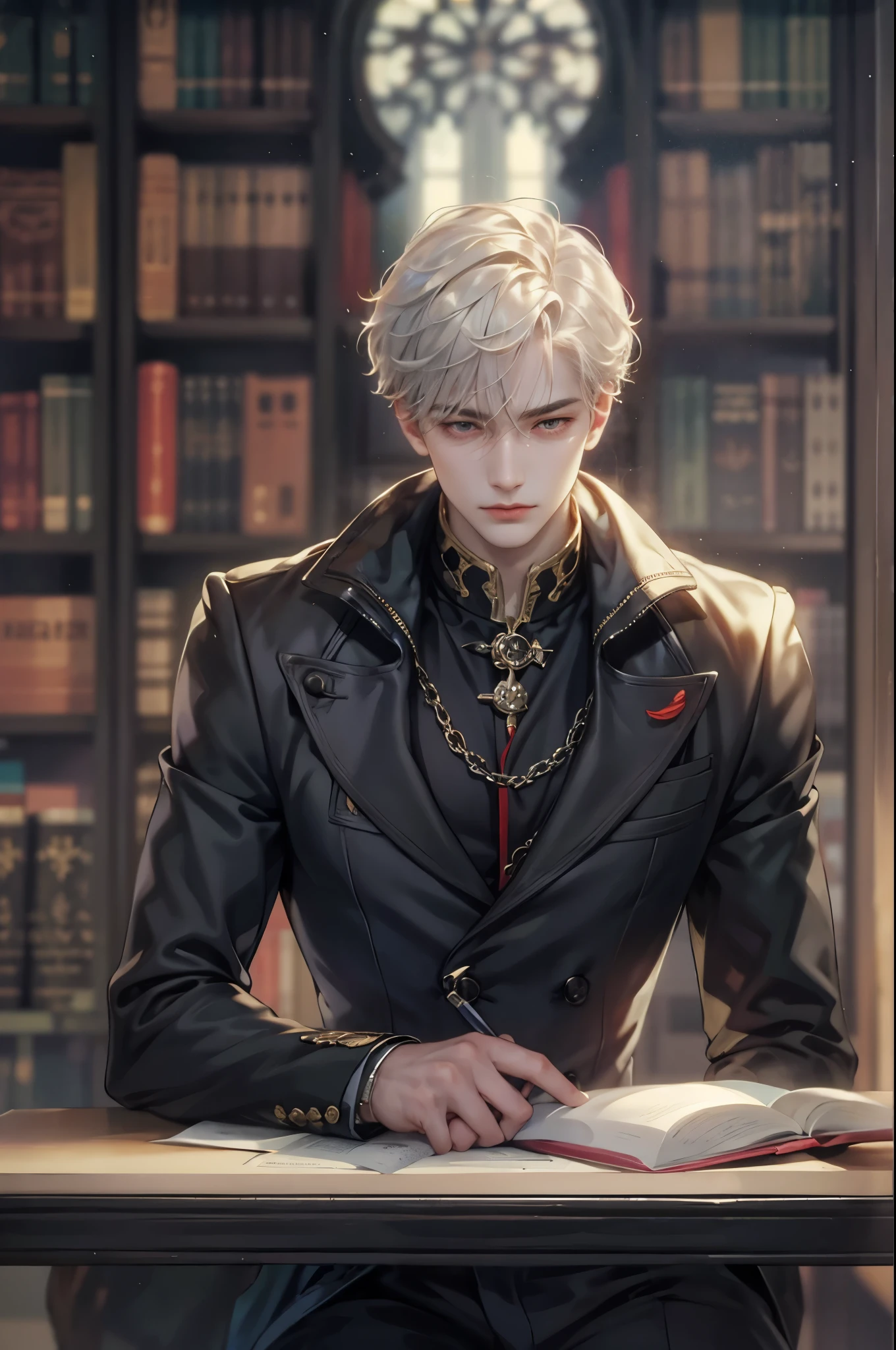 ((Best quality)), ((masterpiece)), (detailed), ((perfect face)), ((halfbody)) handsome face, male, teen boy,  perfect proportions , a character from anime ashita no nadja, phantom thief outfit, detailed library interior scenery background 