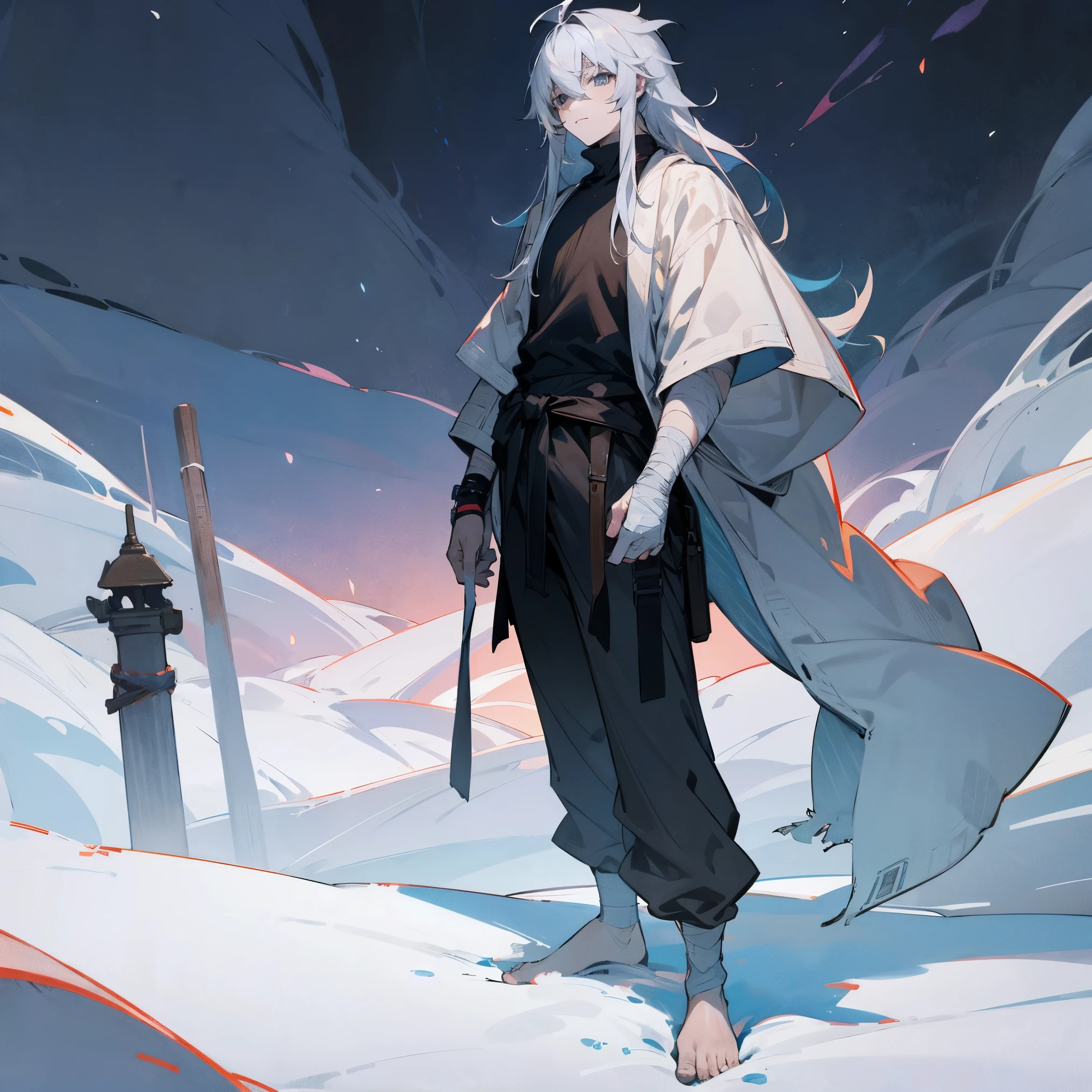 1male, adult, finely detailed grey eyes, long messy hair, pale blue and black ombré hair color, loose sweater, loose baggy pants, bandages wrapped around arms, standing with arms folded, standing on open trail, night, village, muscular, serious