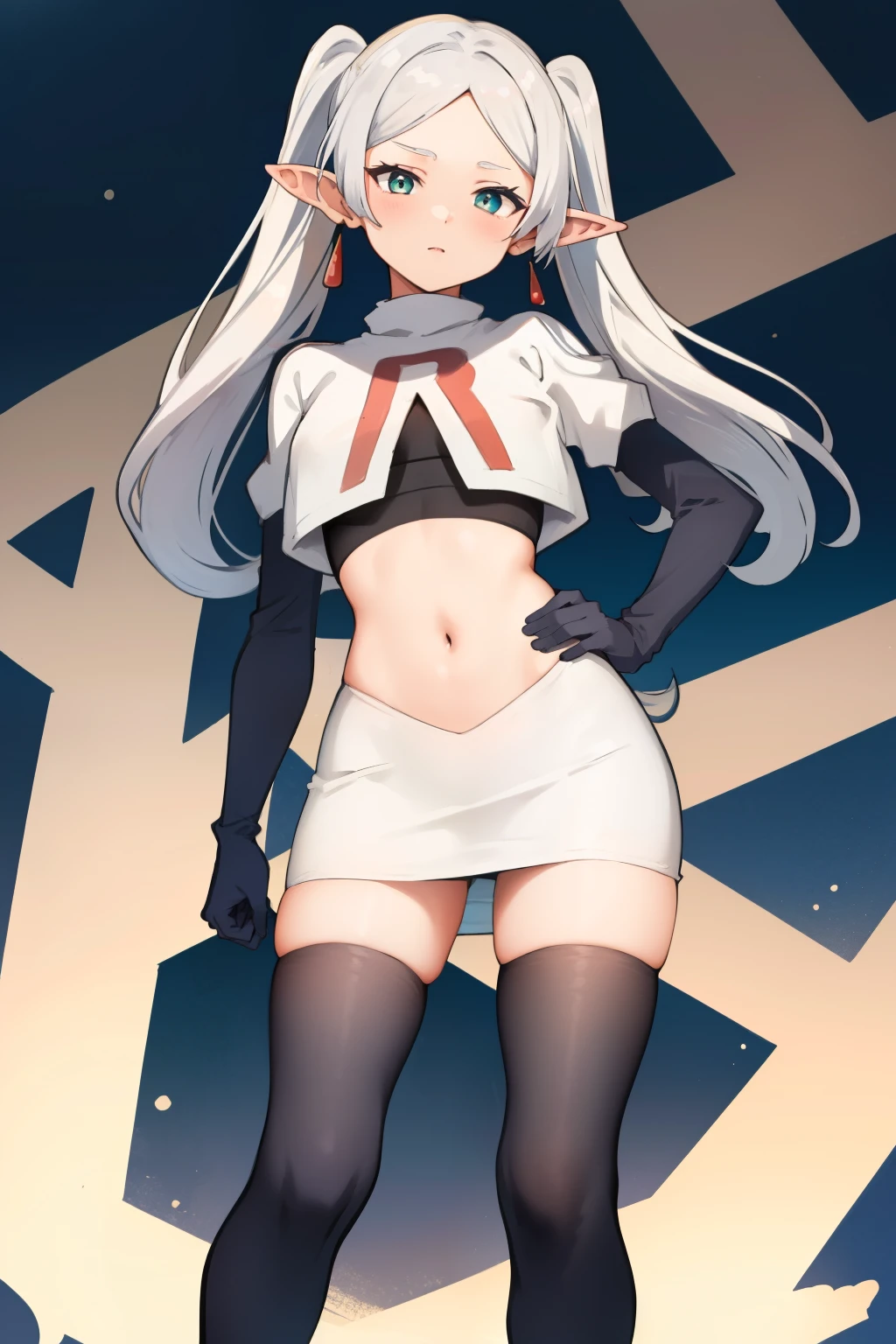 (masterpiece, best quality),  intricate details,
1girl,     frieren, long hair, pointy ears, jewelry, earrings, twintails, parted bangs, team rocket,team rocket uniform, red letter R, white skirt,white crop top,black thigh-highs,black elbow gloves