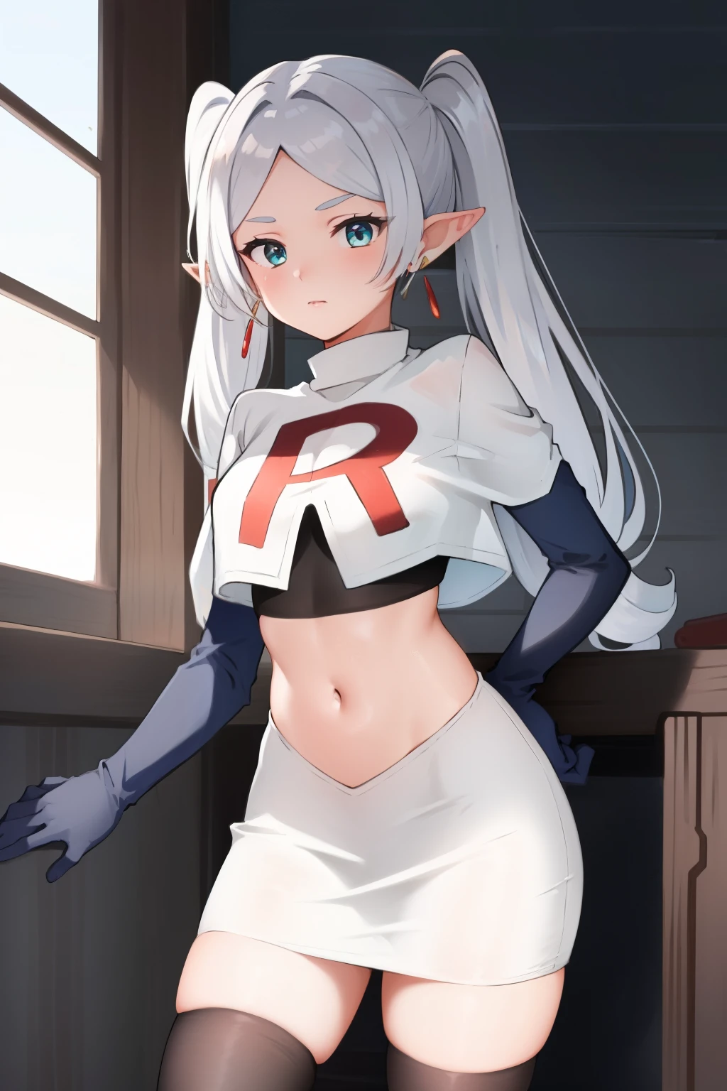 (masterpiece, best quality),  intricate details,
1girl,     frieren, long hair, pointy ears, jewelry, earrings, twintails, parted bangs, team rocket,team rocket uniform, red letter R, white skirt,white crop top,black thigh-highs,black elbow gloves