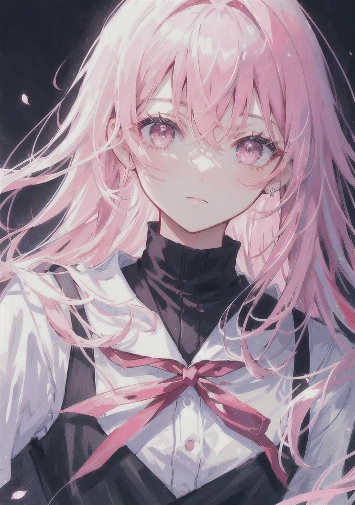 masterpiece, best quality, ultra-detailed, illustration, portrait, 1girl, black_hair, pink eyes, long hair, school uniform,