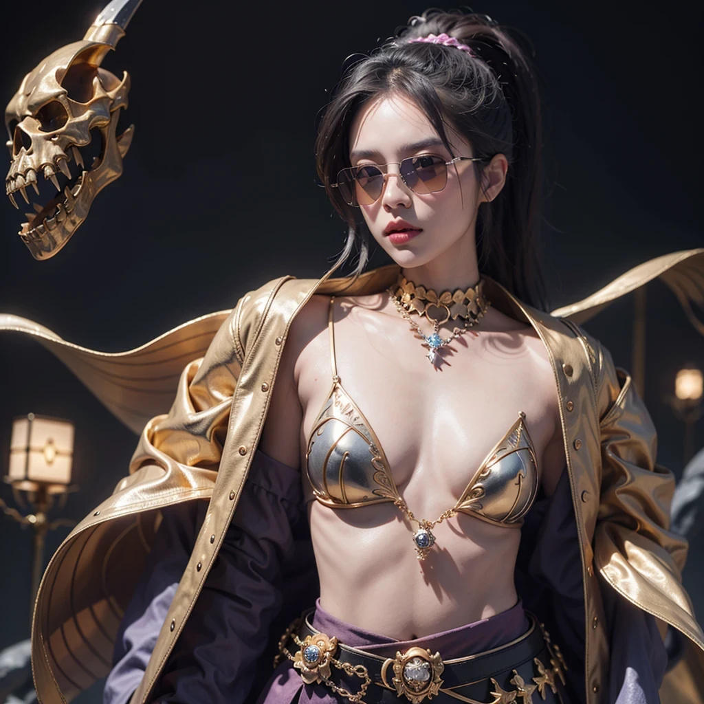 On snowy nights,32k(masterpiece,HD,super high quality,32k)Purple-pink double ponytail,flower stick,Indigo Skull King ,mahogany steering wheel (The skeleton is very realistic:1.4),crocodile print robe,Rusty skull ornaments,Sand gold linen cloak,Petals flying,Deep gold sunglasses,Hold your head high,worthy of pride,looking at people through nostrils,A primary and secondary school student, high resolution,Xueba, detail, original photo, Sharp Re, Nikon D850 film photo by Jefferies Lee 4 Kodak Portra 400 camera F1.6 guns, rich and colorful, Super real、Vivid texture, dramatic lighting, Unreal Engine Art Station Trend, Silicon Nest 800,Hold your head high,side,worthy of pride,looking at people through nostrils,arrogant,Petals flying,Petals flying,Gold-plated crocodile leather,Fluttering,Impeccable,( Reasonable design, clear lines, HD definition,best quality, Very detailed skeleton, skeleton of masterpiece, official art, Lighting effects, 8K crocodile skeleton(((Platinum marble sunglasses)))Deep gold sunglasses,sideportrait