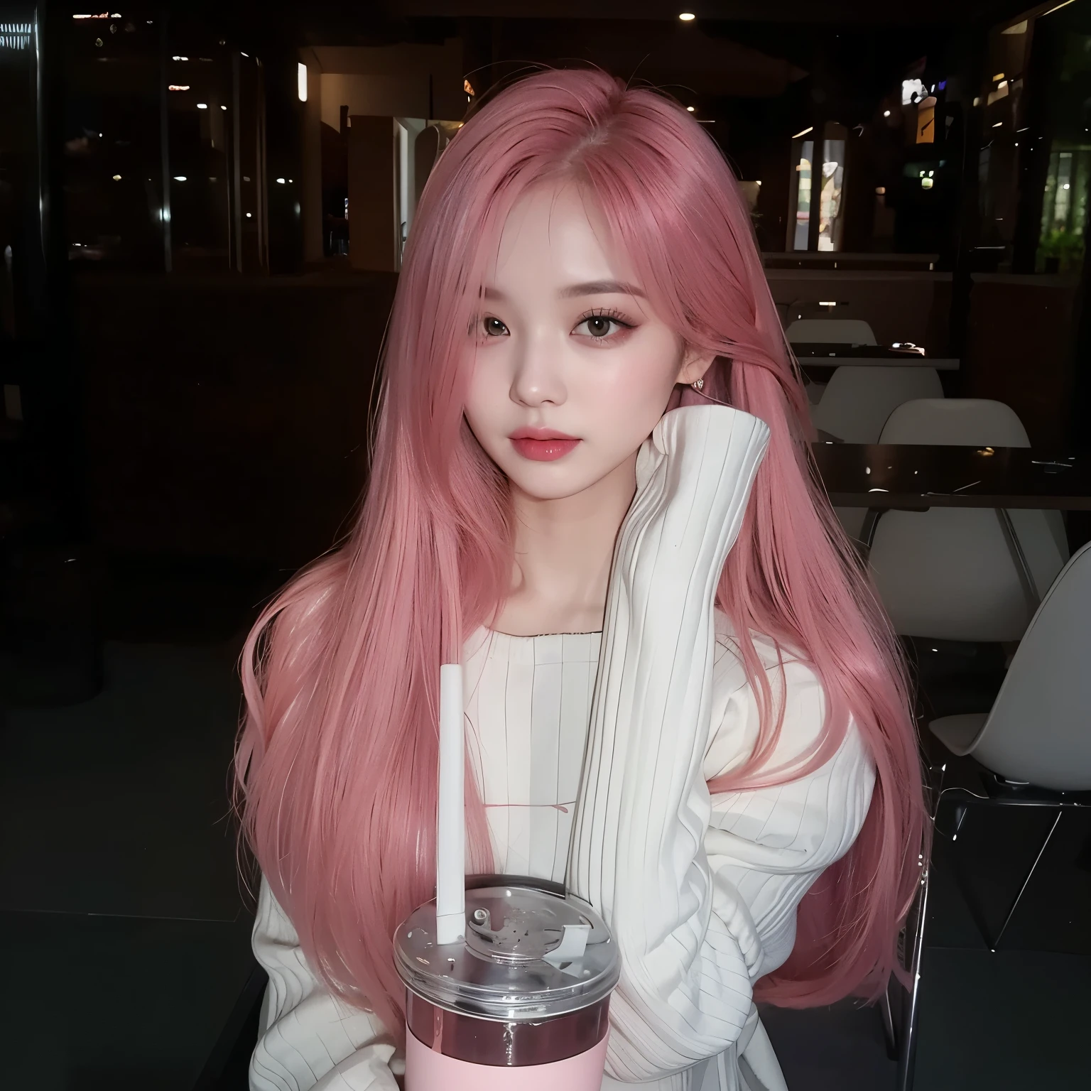 girl wearing white long sleeve sweater，Has long pink hair，Pink long straight hair，Long straight hair