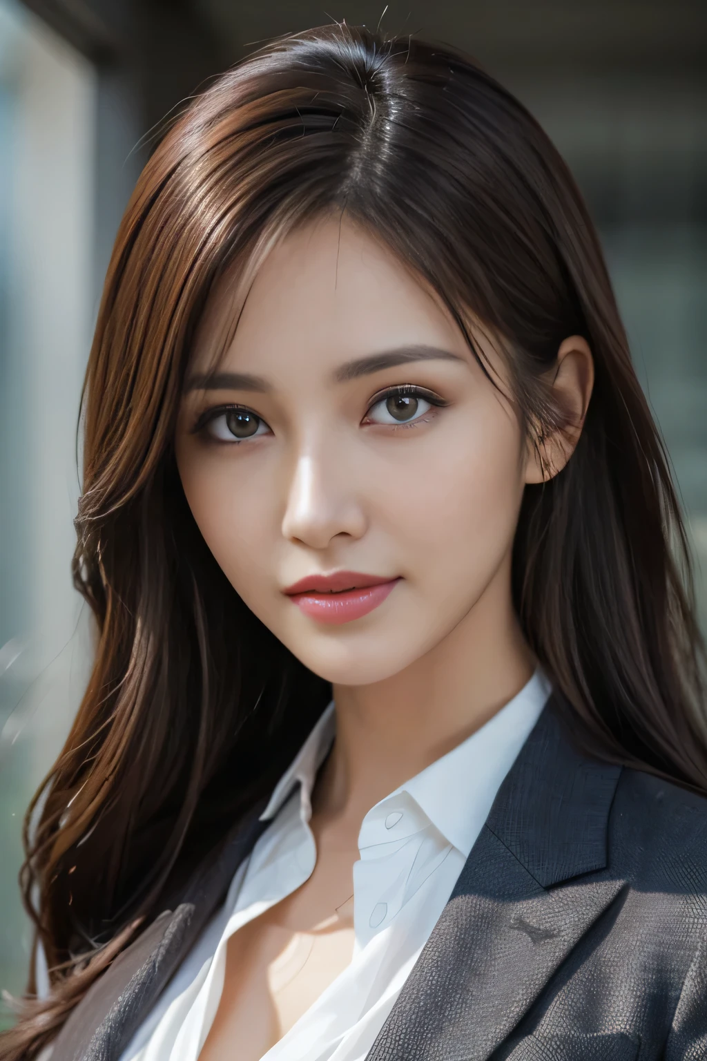 table top, highest quality, realistic, Super detailed, finely, High resolution, 8k wallpaper, 1 beautiful woman,, light brown messy hair, wearing a business suit, sharp focus, perfect dynamic composition, beautiful and detailed eyes, thin hair, Detailed realistic skin texture, smile, close-up portrait, model body shape