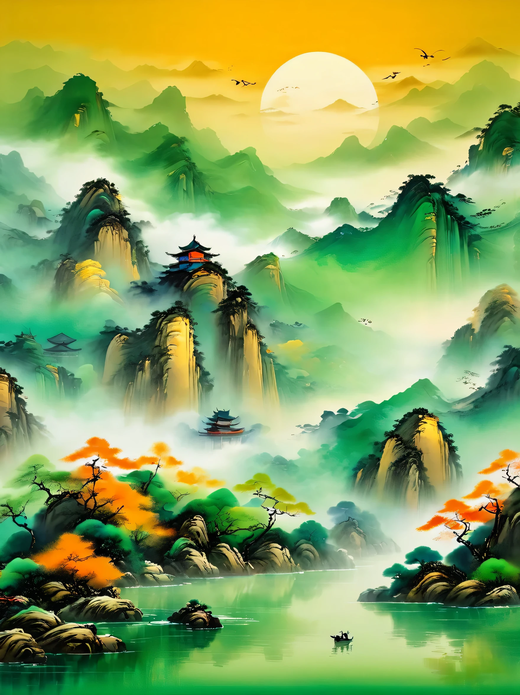((masterpiece))，((best quality))，((HD))，Chinese ink style，Chinese Dream Landscape，Close-up view，mist，dense teeth，lake and waves，tree，green hills，((Jinfeng))，reflection，Minimalism，Zen aesthetics，Zen composition，Chinese landscape painting，4k，((super sharp:1.4))，clear background，John Pawson，backlight，Tyndall effect，flying bird，sparkling lake water，octane renders sci-fi，new moon，Orange sky，gradient background，magical atmosphere，happy and peaceful scene，Surreal and ethereal colors，otherworldly environment，Hazy and mysterious atmosphere，Amazing natural wonders，Grandeur and sense of scale