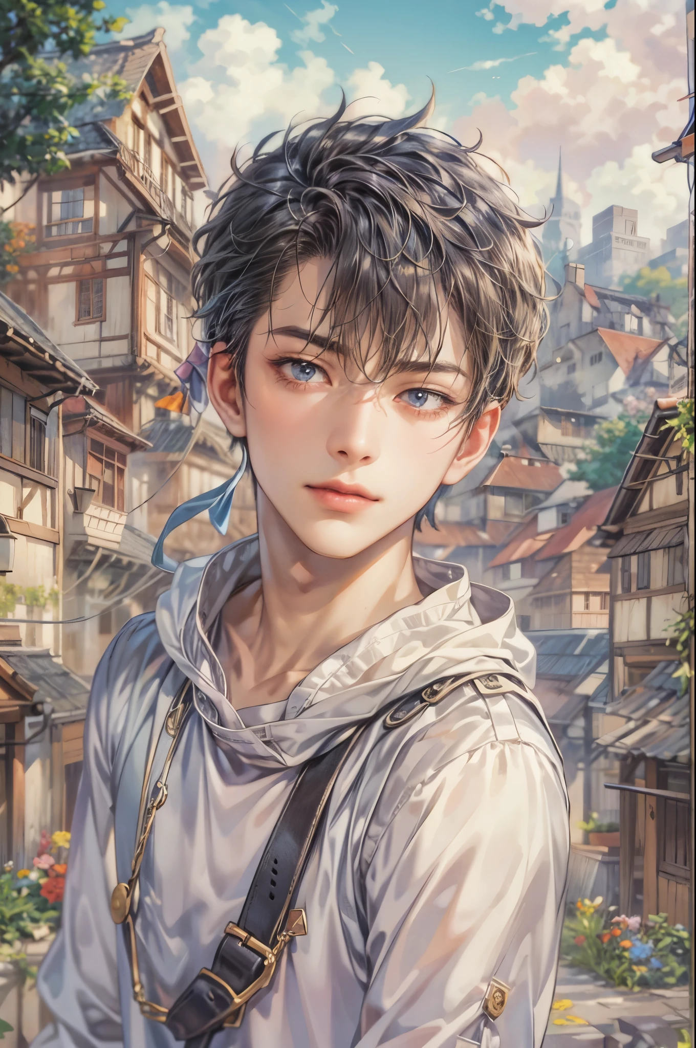 ((Best quality)), ((masterpiece)), (detailed), ((perfect face)), ((halfbody)) handsome face, male, teen boy,  perfect proportions , a character from anime fairy tail, male version , hiro mashima art, detailed town background, detailed scenery background 