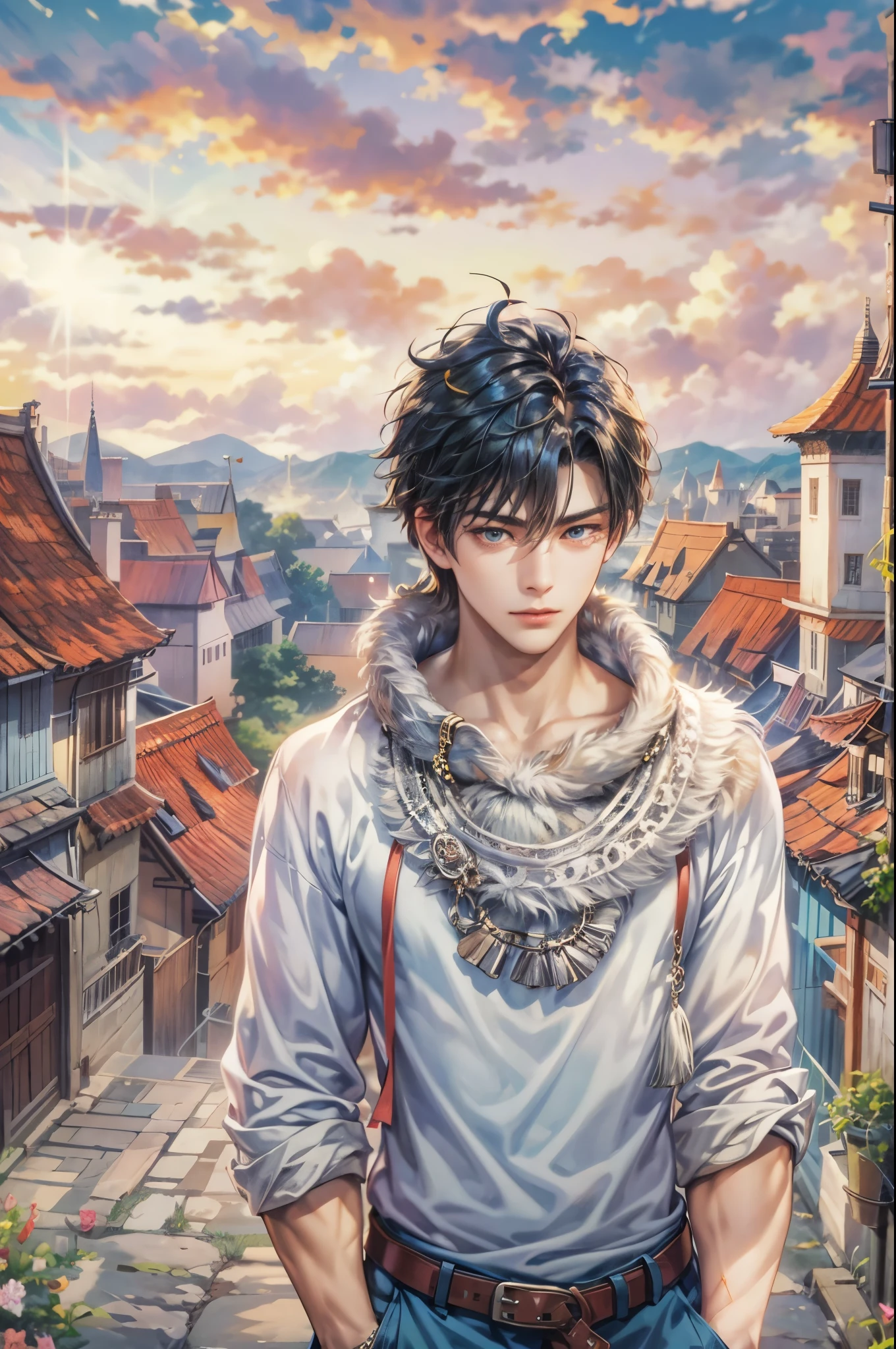 ((Best quality)), ((masterpiece)), (detailed), ((perfect face)), ((halfbody)) handsome face, male, boy, perfect proportions , a character from anime fairy tail, male version , hiro mashima art, detailed town background, detailed scenery background