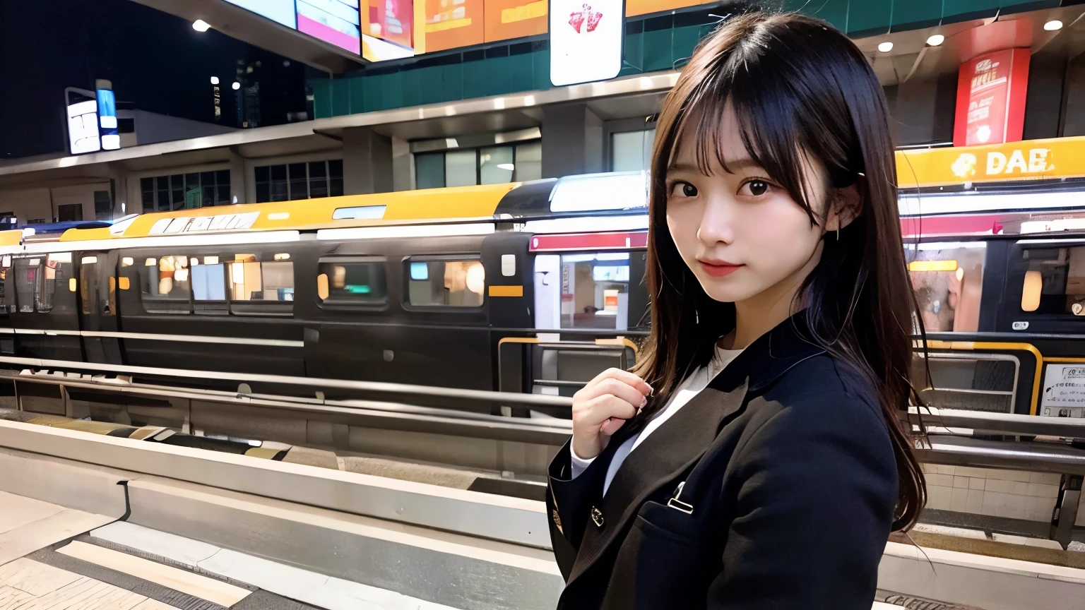 High definition high quality、realistic pictures、Photographed with a wide-angle lens、Eye level。modern、Night station platform、Crowded station platform、rush hour after work、young woman waiting for the train、black long hair、Depression、A lonely look、mini skirt、wearing high heels、I can see the whole body、city life、a chance reunion、Station scenery。
