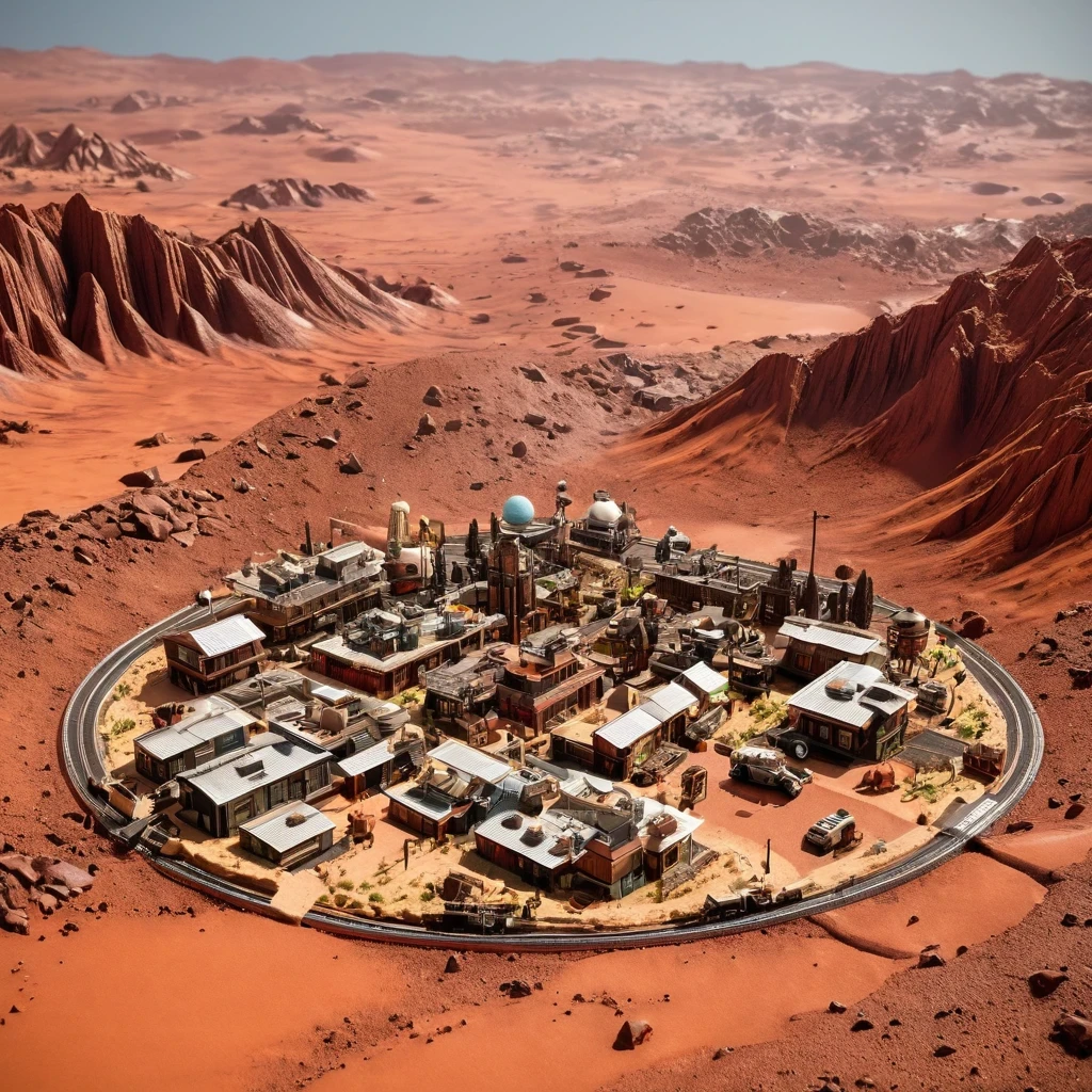 3598年Mars realistic model, (split ends, original photo, best quality, masterpiece:1.4),Steampunk Cyberpunk 6820 City,(CyberpunkMars light:1.3), Mars (related to land),(in a small nature box:1.3),Isometric, small nature, landscape on foundation,landscape,