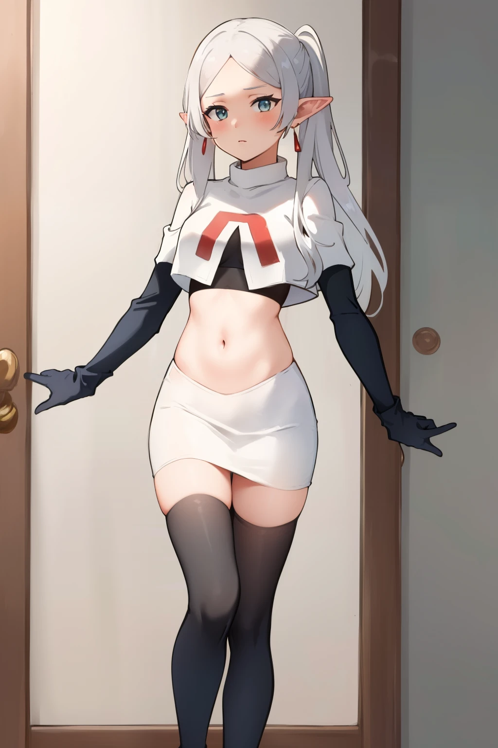 (masterpiece, best quality), intricate details,
1girl, frieren, long hair, pointy ears, jewelry, earrings, twintails, parted bangs, team rocket,team rocket uniform, red letter R, white skirt,white crop top,black thigh-highs,black elbow gloves