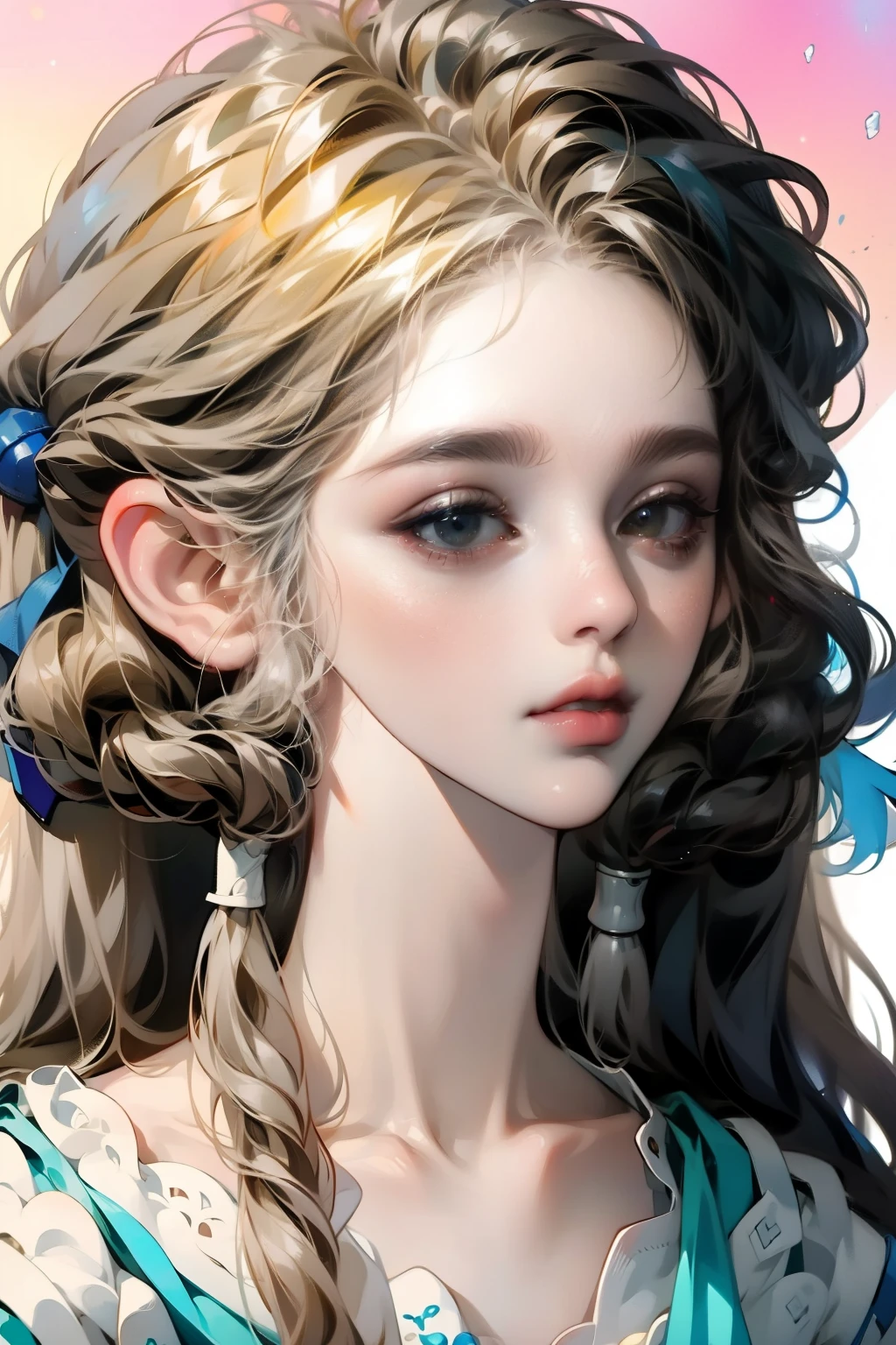 (8k, best quality, masterpiece:1.2),(best quality:1.0), (ultra highres:1.0), watercolor, a beautiful woman, shoulder, hair ribbons, by agnes cecile, half body portrait, extremely luminous bright design, pastel colors, (ink:1.3), autumn lights,