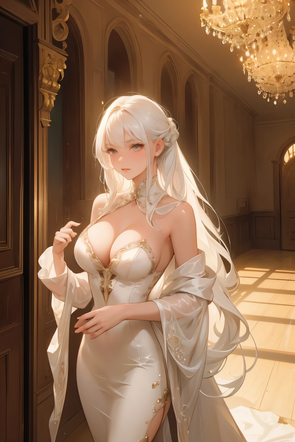 woman, adult, sexy body, long white hair, in a palace hall, in the middle of a Victorian party, , 4k, beautiful, Victorian dress,