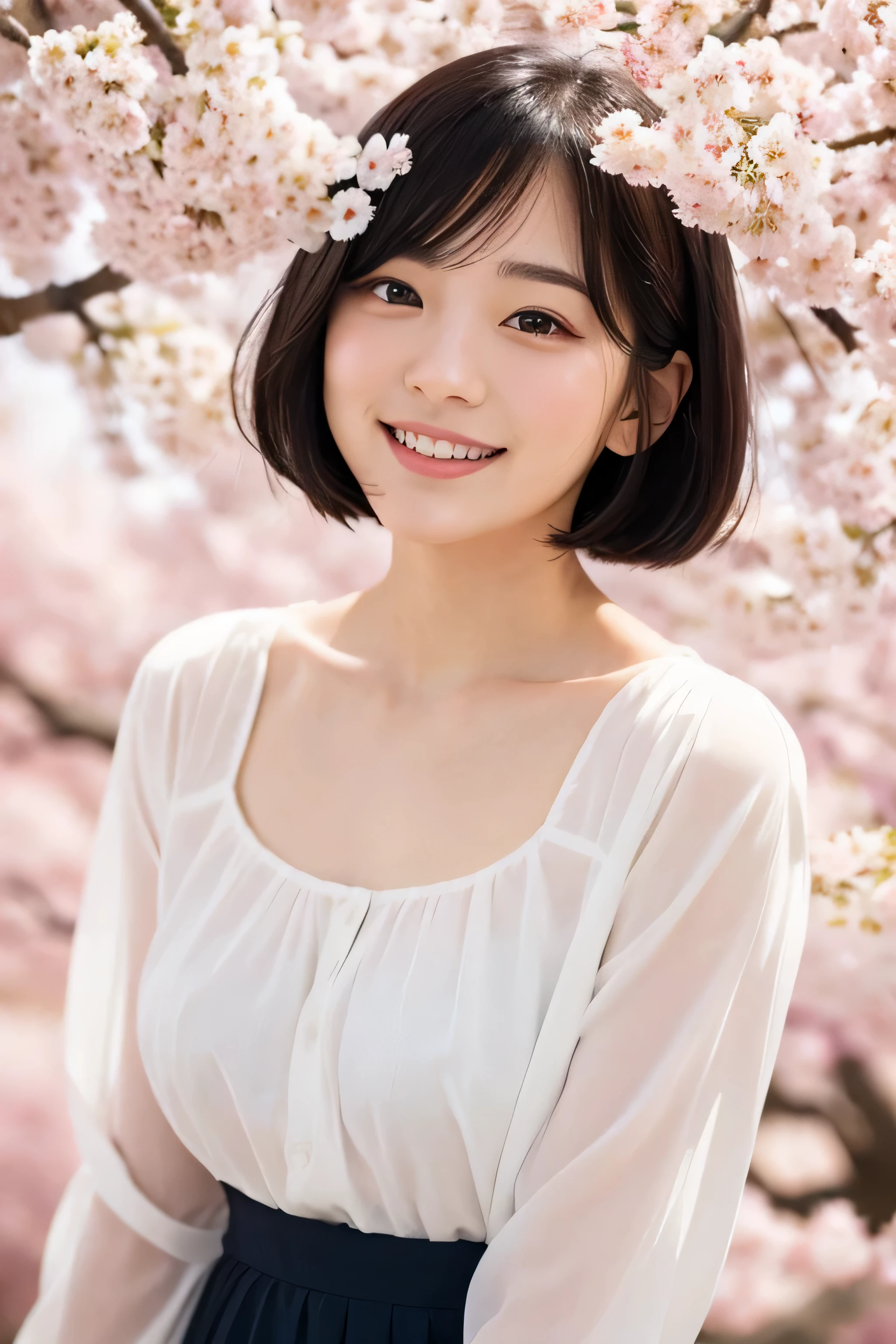20-year-old(young)、black hair bob、natural and light makeup、Spring-like、smile、Japanese、natural finish、under the cherry tree、portrait image、cute、Spring-like clothes