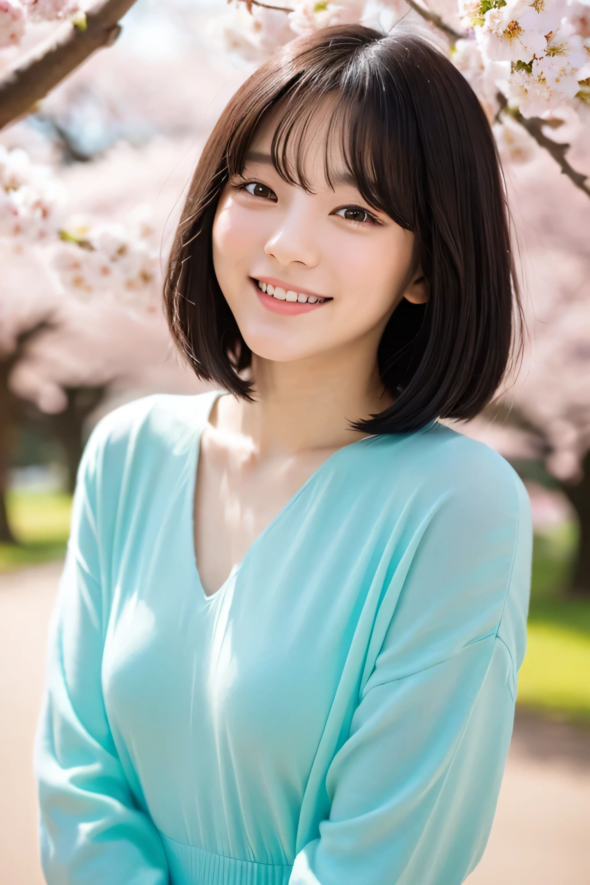20-year-old(young)、black hair bob、natural and light makeup、Spring-like、smile、Japanese、natural finish、under the cherry tree、portrait image、cute、Spring-like clothes