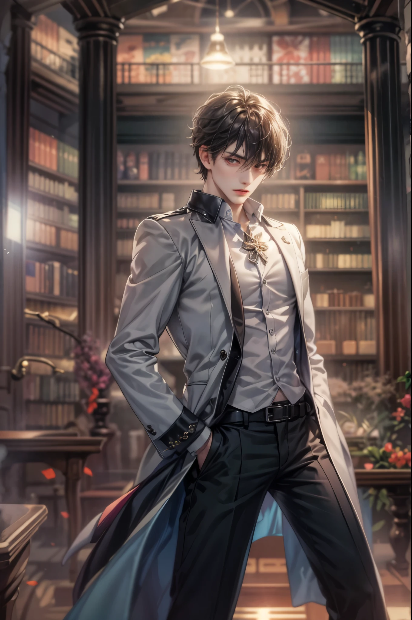 ((Best quality)), ((masterpiece)), (detailed), ((perfect face)), ((halfbody)) handsome face, male, teen boy, perfect proportions , a character from anime ashita no nadja, phantom thief outfit, detailed library interior scenery background