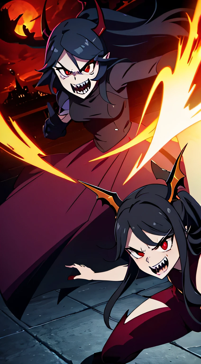 beautiful demon woman with long black hair, sharp teeth, furious, battle, glowing red eyes, bat wings on back, ram horns, angry, fight, fireball, hazbin hotel