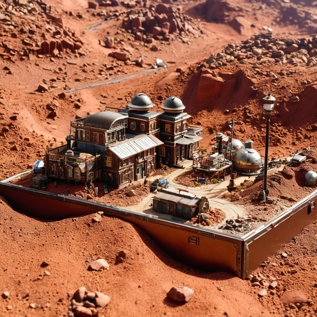 3598年Mars realistic model, (split ends, original photo, best quality, masterpiece:1.4),Steampunk Cyberpunk 6820 City,(CyberpunkMars light:1.3), Mars (related to land),(in a small nature box:1.3),Isometric, small nature, landscape on foundation,landscape,