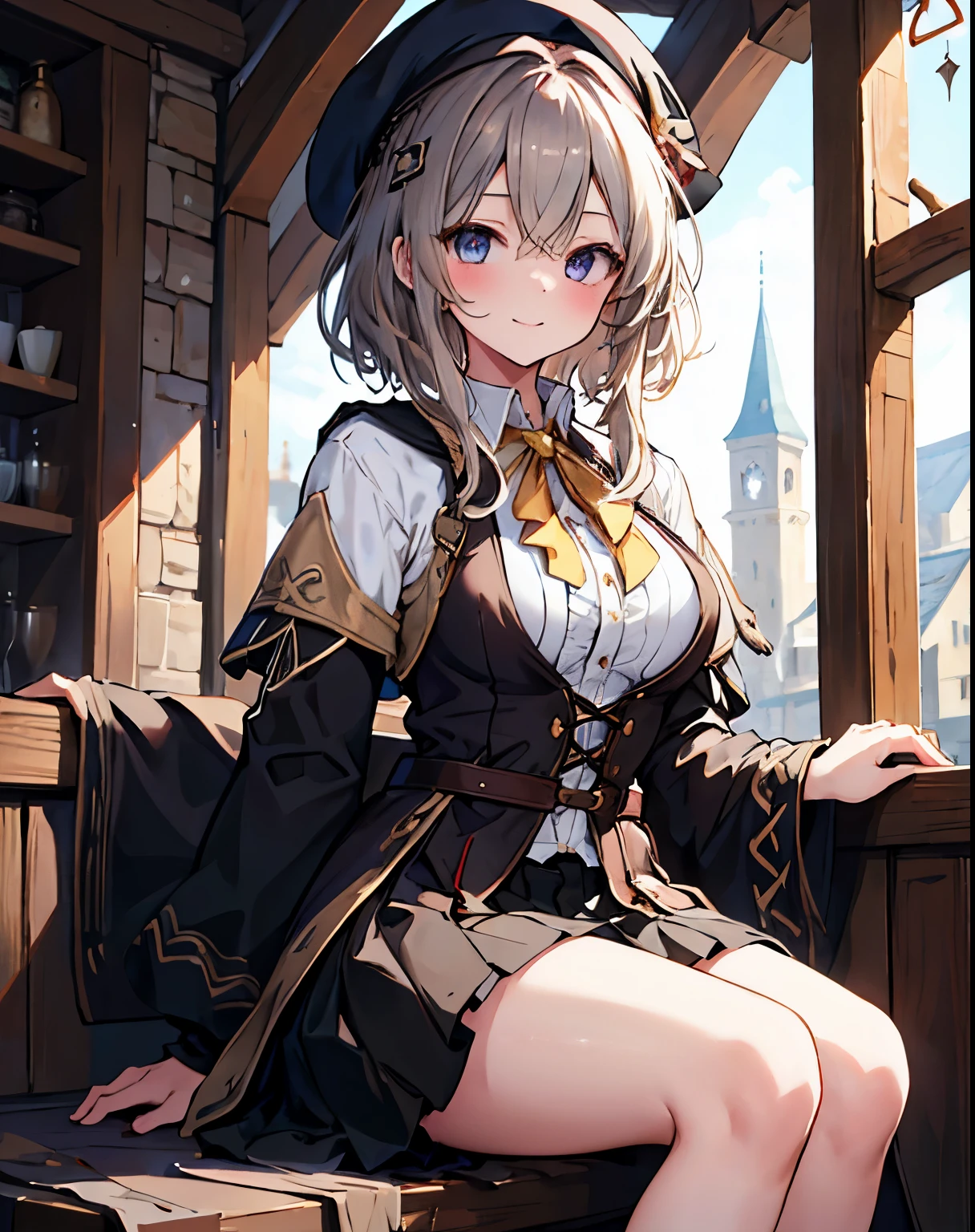 masterpiece,1girl, sparrow, a brown haired girl, wearing a medieval clothes, curly short hair, messy hair, black skirt, slim body, wearing beret, medium breasts, she close her left eye, shirt ornament, lolippai, seductive expression, beautiful breasts, rounded breasts, crimson eyes, dress, miniskirt, sit in medieval tavern, ahoge, seductive smile, breast armor