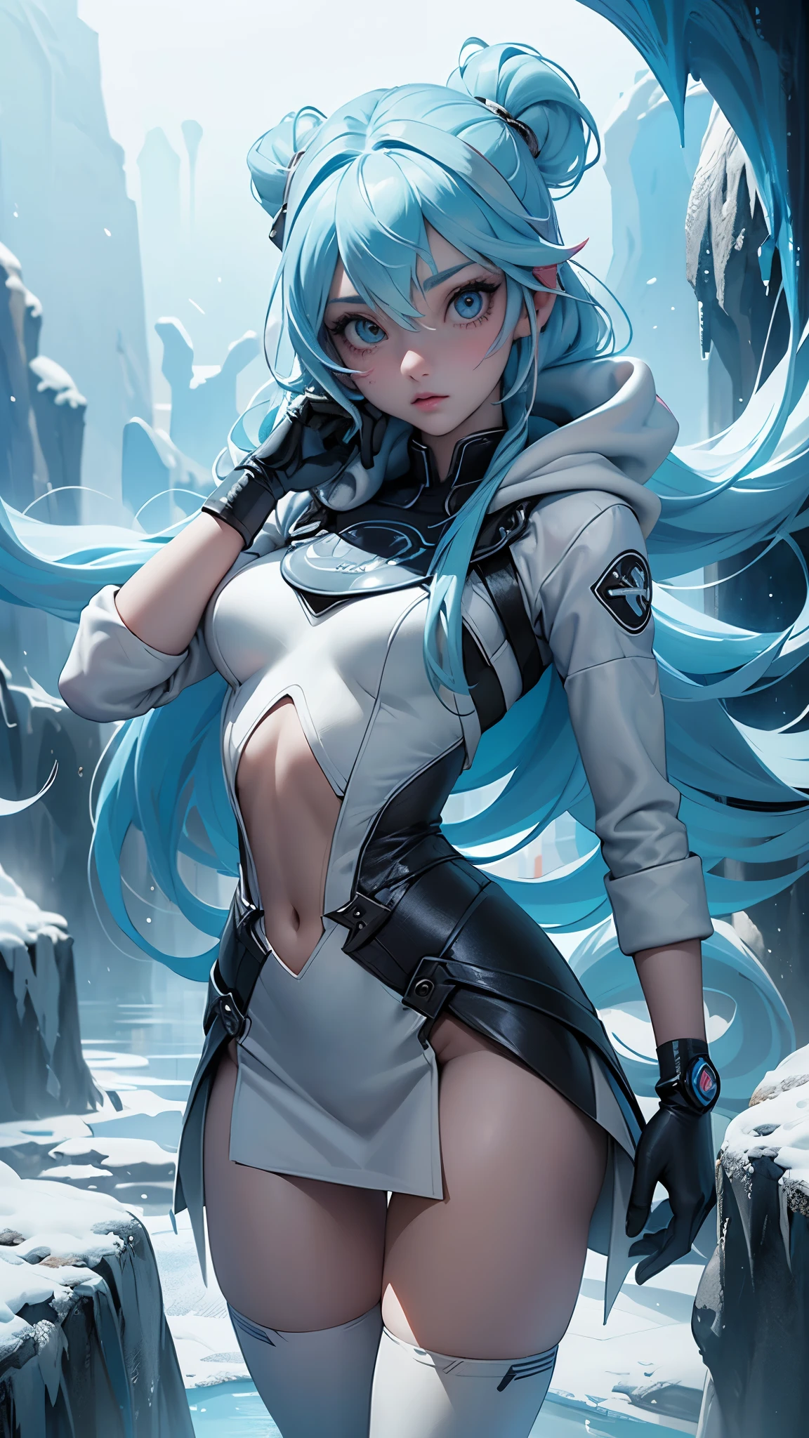 (La mejor calidad,A high resolution,Ultra - detallado,actual),Ariana Grande se parece a Rei Ayanami con cabello medio liso, vistiendo minifalda plisada blanca y auriculares streetwear, passion blue hoodie, en el pecho dice &#39;Funk del futuro&#39;, amidst a vibrant futuristic cityscape illuminated by neon lights.More detailed 8K.motor irreal:1.4,HD,La mejor calidad:1.4, fotorrealista:1.4, textura de la piel:1.4, obra maestra:1.8,obra maestra, mejor calidad,objeto Objeto], (rasgos faciales detallados:1.3),(Las proporciones correctas),(Ojos hermosos azules:1.4 ),  (pose vaquero), (dedos detailed :1.4), ,( ciberpunk 2.1), (estilo kawaii:1.4), (Fondo un cueva hielo de paredes de piedra congelado :1.4), (perfect anatomy :1.4), (background Antarctica cave frozen hilo :1.4), (Elsa frozen:1.4) 