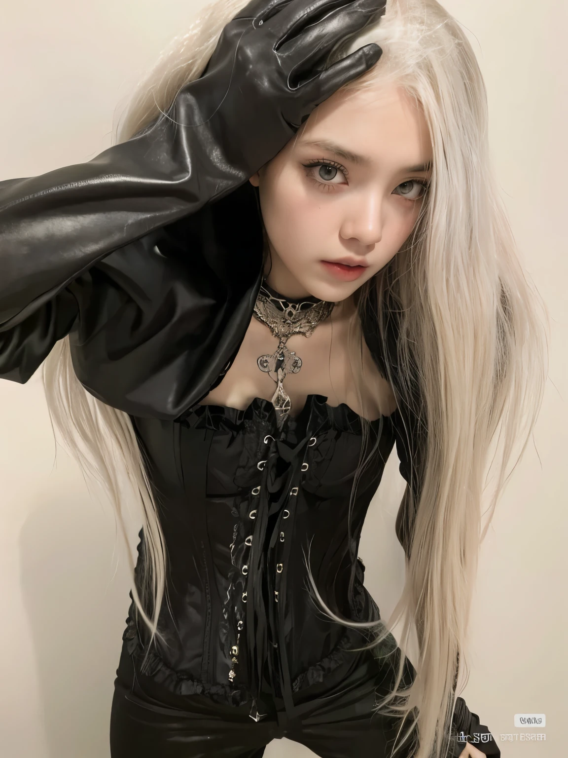 a close-up of a woman in a black corset and gloves, cruel korean gothic girl, 1 7 year old anime gothic girl, gothic horror vibes, gothic aesthetic, gothic aesthetic, 1 7 year old gothic girl, ominous gothic aesthetic, Neo-Gothic, gothic girl aesthetic, gothic costume, bruja oscura de moda, Gothic style, mirada aterradora, gothic maiden