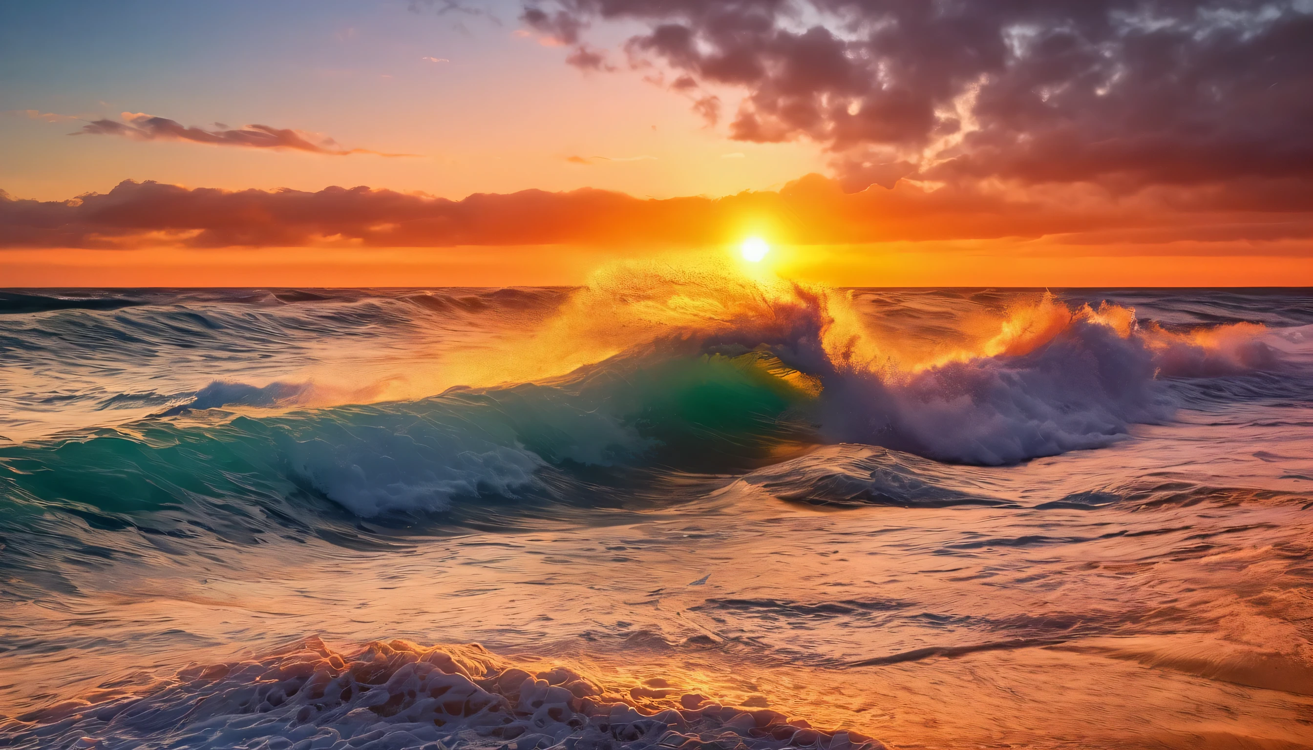 sunset over the ocean with a wave breaking in front of it, chaotic sea setting, beautiful waves in sea, sunset at the beach, epic red - orange sunlight, vibrant sunrise, shutterstock, beautiful sunrise, sunset on the beach, beautiful sunset, sea, vibrant sunset, tall backlit waves, the most beautiful sunset, soaring waves, rising from ocean, sunset glow
