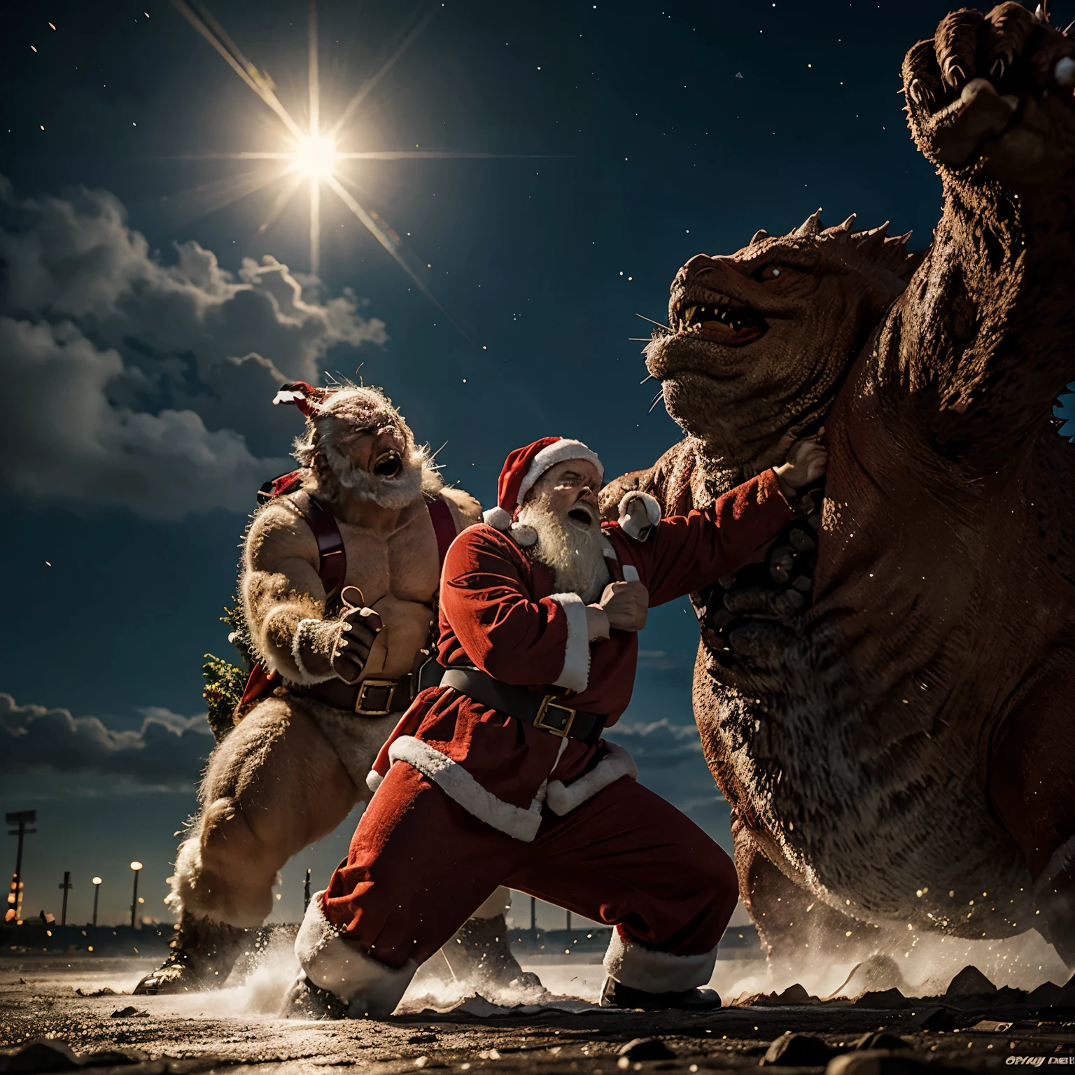 Santa Claus fighting Godzilla