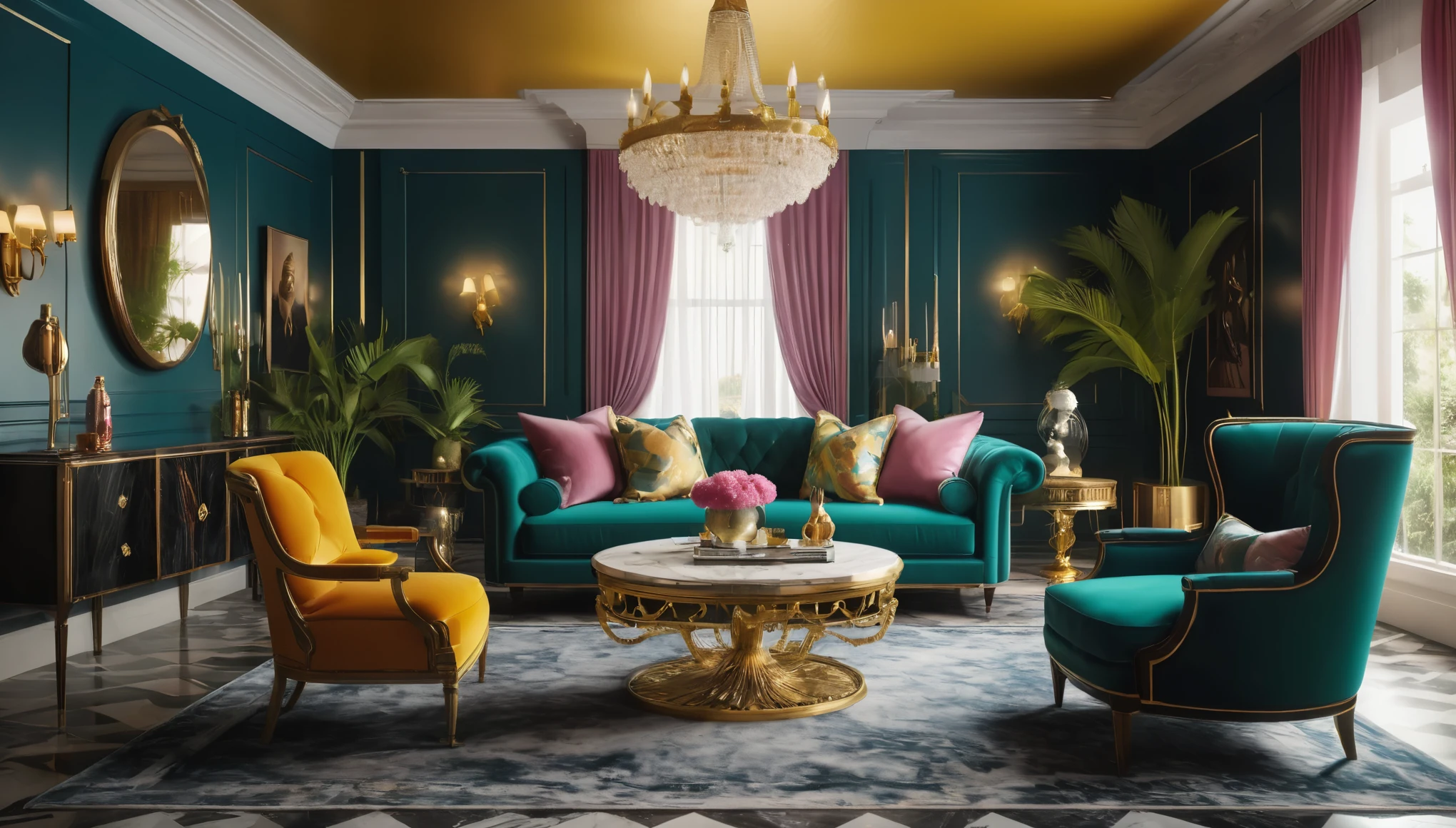 create an image demonstrating the style of ((Hollywood Regency)) style, hyper realism, 8k high definition, vibrant colors, sharp focus, insanely detailed