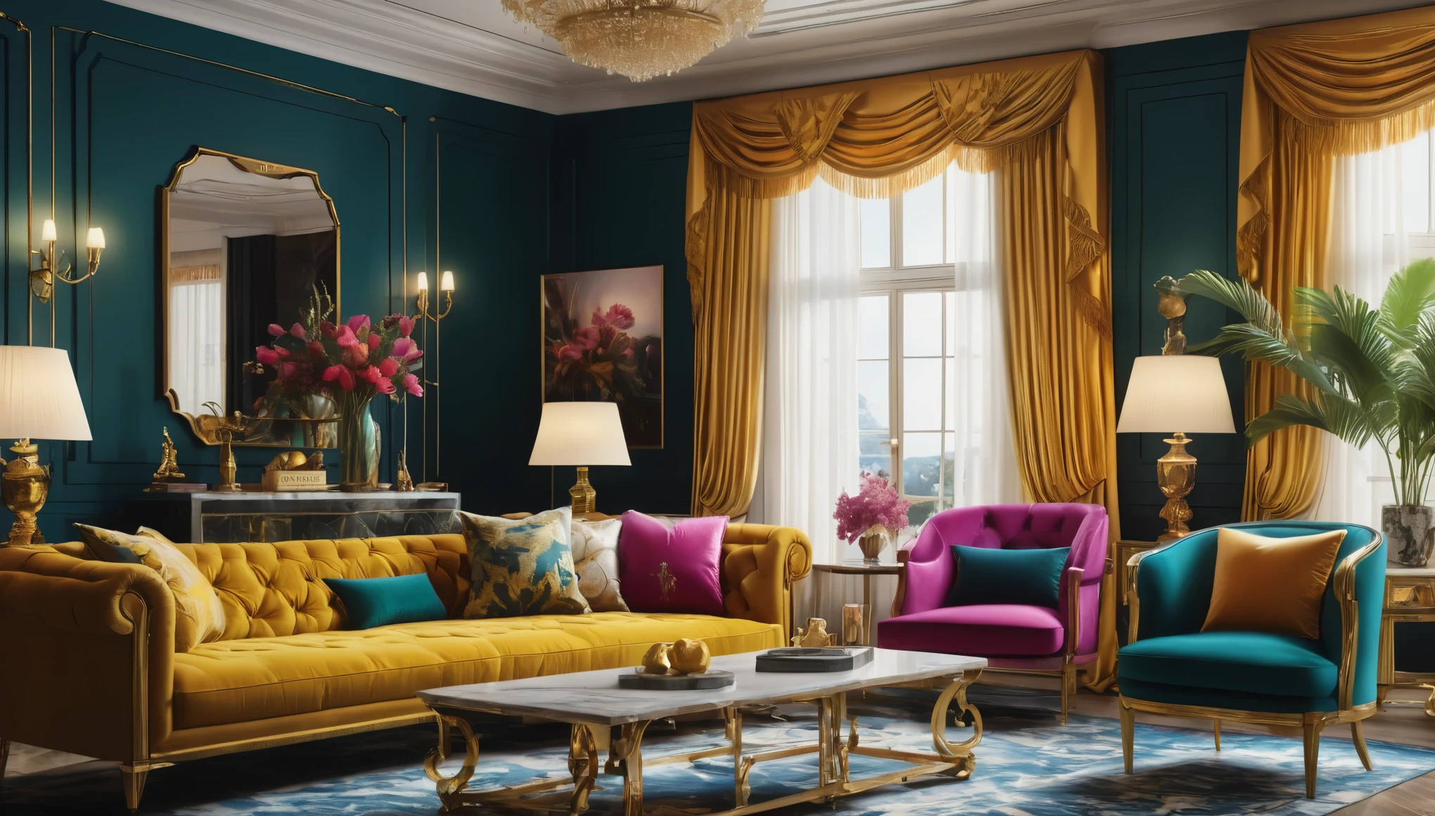 create an image demonstrating the style of ((Hollywood Regency)) style, hyper realism, 8k high definition, vibrant colors, sharp focus, insanely detailed