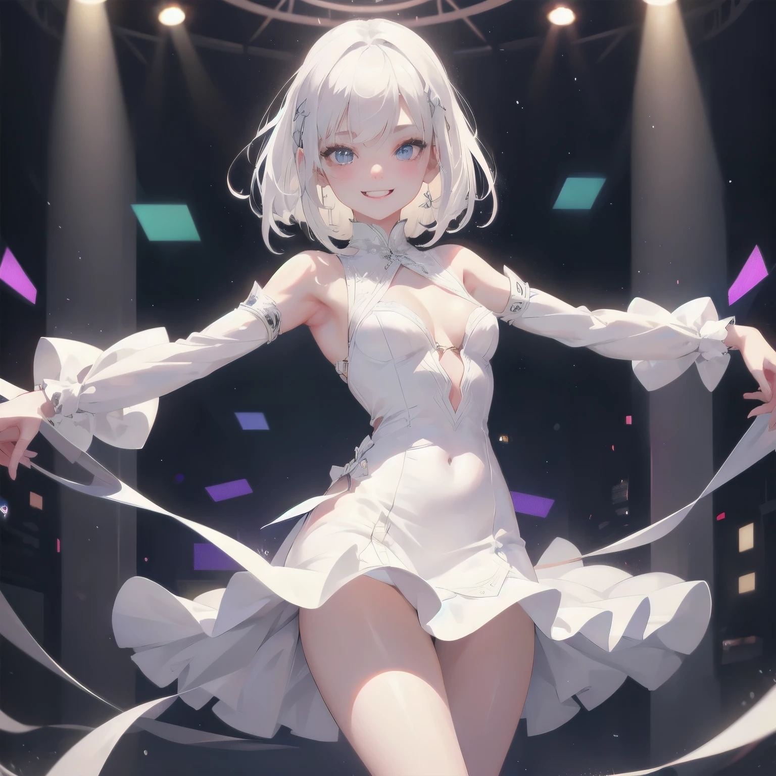 1 girl, solo, white hair, beautiful, dancing in a club, naughty, smiling, sexy, wearing a dress