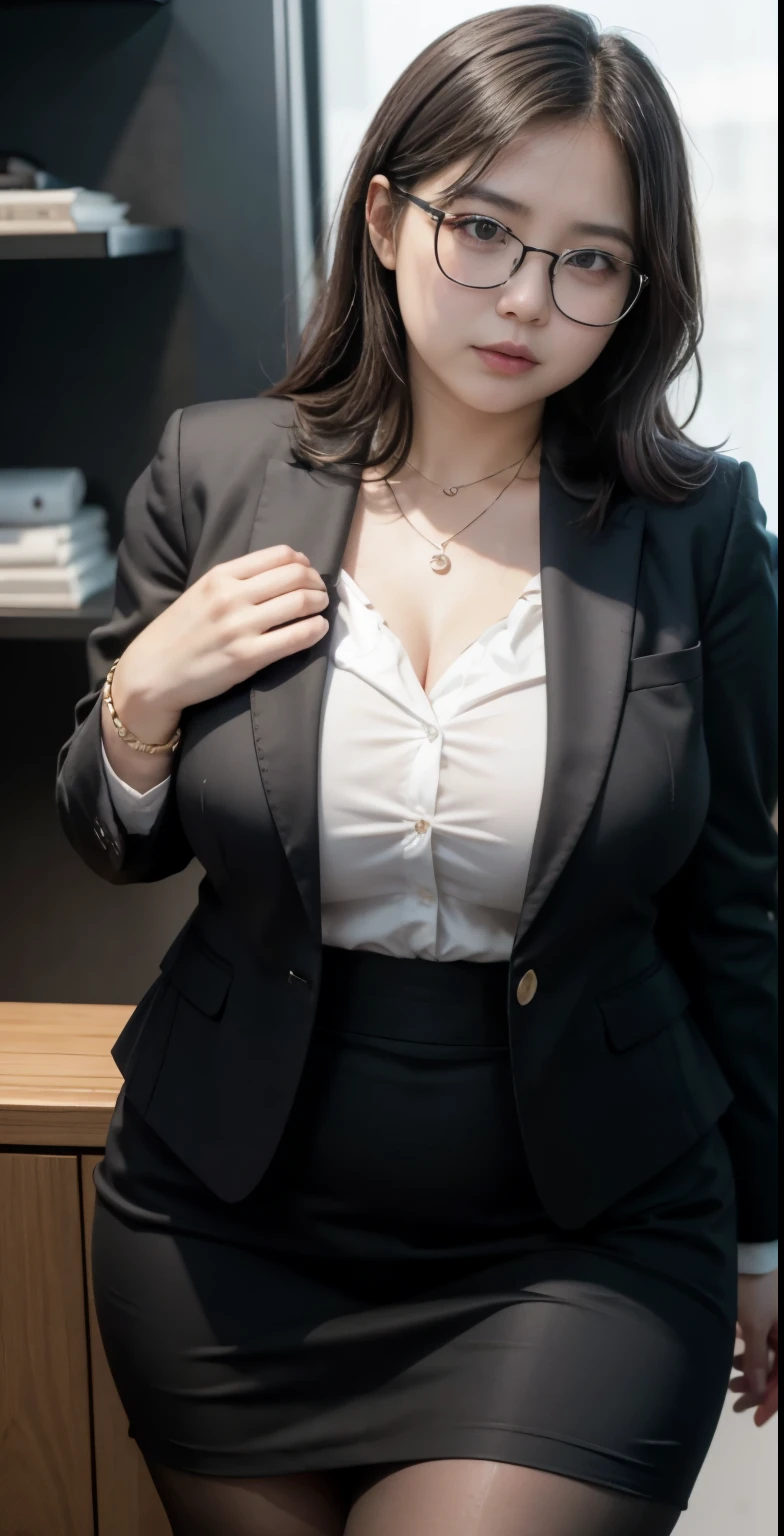 realisitic、Curvaceous woman standing alone, Woman in black business suit, with a business suit on, businesswoman, Woman in business suit, Wearing a white collar shirt under a suit、thick skirt、tight skirts、Girl in a suit, female in tight office dress, , Girl in suit, young business woman, in a business suit, business outfit, Wear a suit、Office Suits、Not wearing glasses、professional photograpy、Does not expose the skin, Japanese Models,、,The skin is not exposed、fleshy body, large boob、 hard 、、big butts、Big belly、thick waist、Body without tone、thick thight、thick arms、Round face、Fat face、chubby cheeks、Sauce order、big eye、A dark-haired、short-haired、Standing facing the front、Left hand pose on the hip、Right hand is down in a pose、Straight back posture、Sun background、chinese-Indonesian woman , full body , bracelet , necklace , glasses , short hairstyle , fat belly , thick hips , dark room , baby face , chubby cheeks , black room