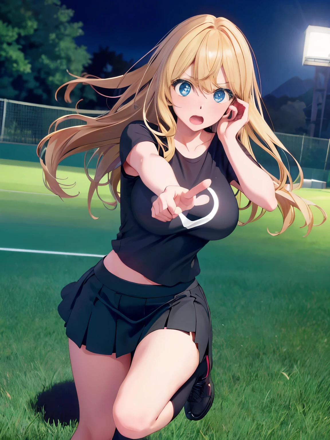 1woman,super beautiful,stand,looking away, blue eyes,At night, on the grass hill,,half body photo,Beautiful eyes,perfect face,black t-shirt,black mini skirt,tennis skirt,Very big breasts,Blonde hair,long hair,wavy hair,bangs,ultra detail,ultra Hd, masterpiece,4k