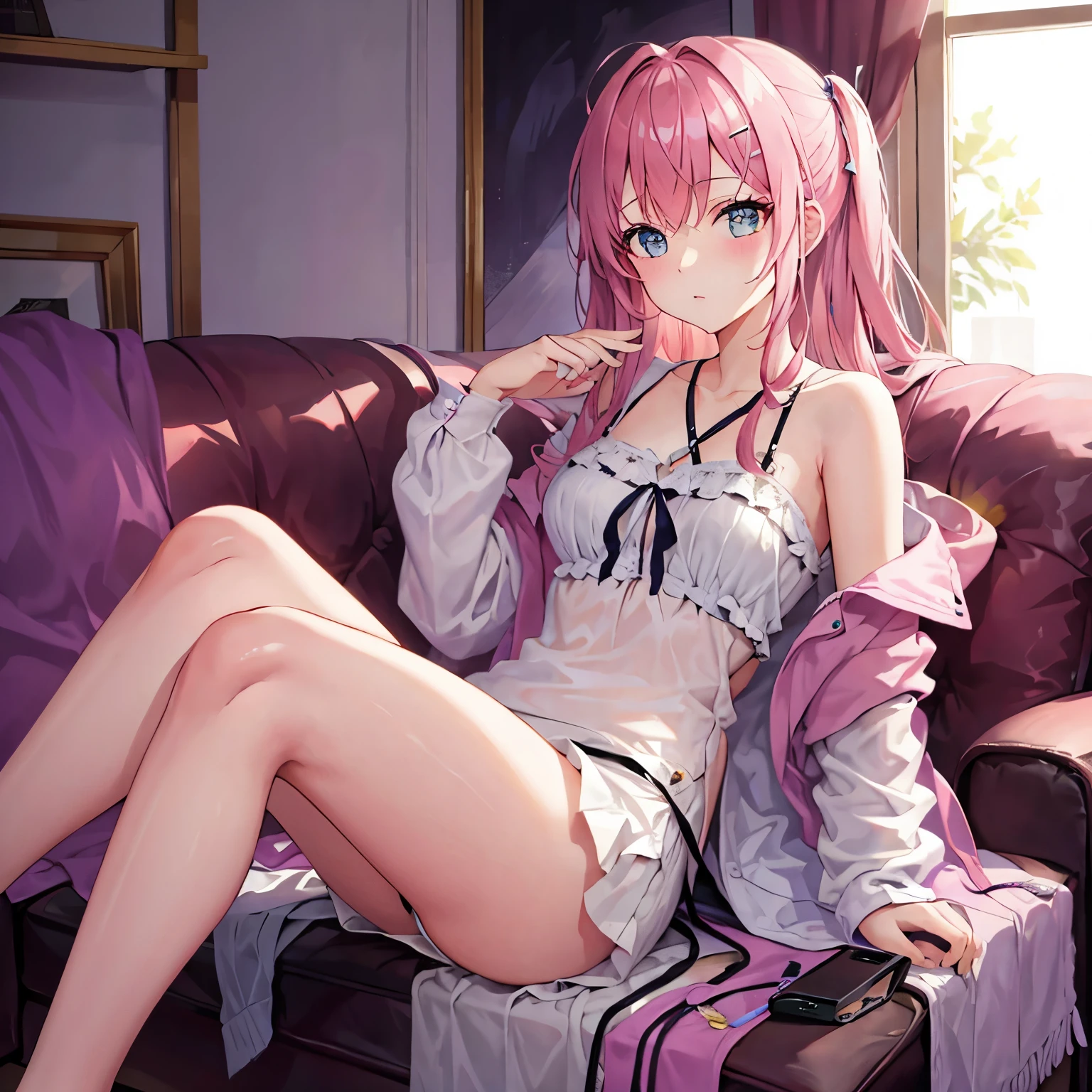 1 girl,Sit on the comfortable sofa,cross your legs,soft light