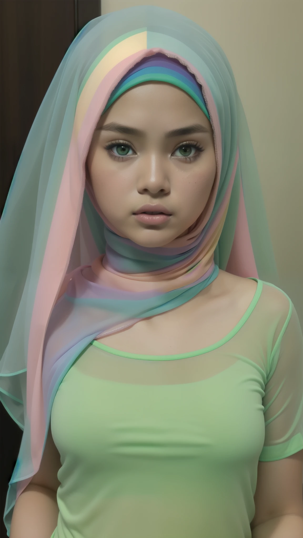(Barbie doll), Naked, Angry pose, Angry face, (((HIJAB MALAY GIRL))), masutepiece, High quality, UHD 45K, Realistic face, Realistic skin feeling , A Japanese Lady, 8 , , Very cute and baby-like face, (((FLAT CHEST))), (MATRIX WORLD), ((look In front at the camera and SADNESS)), ((())), (((CUTE GIRL))), ((TRANSPARENT)), ((PASTEL GREEN LIPS)), ((PASTEL RAINBOW BLOUSE)), ((TRANSPARENT)), ((CHUBBY)), ((UNDRESS)), SPECTACLES.