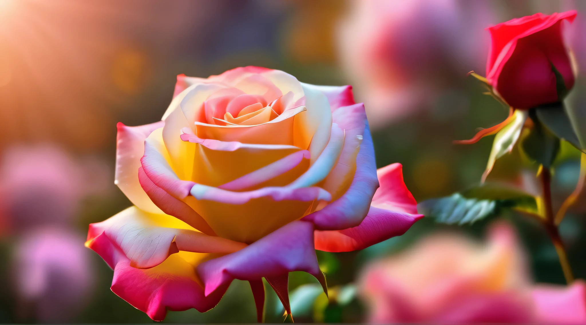 Many different color rose flowers in the garden and sunlight with bokeh, there are many different colored roseasterpiece, ultra quality, high resolution, 8k, intricate: 1.2), (masterpiece), (best quality:1)